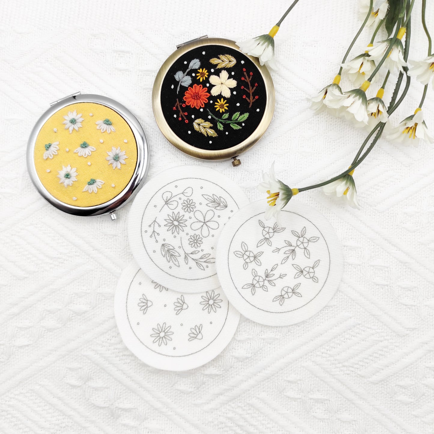 Stick & Stitch embroidery patterns, DIY embroidery patterns for large pillbox/pocket mirror, water soluble pre-printed  embroidery pattern