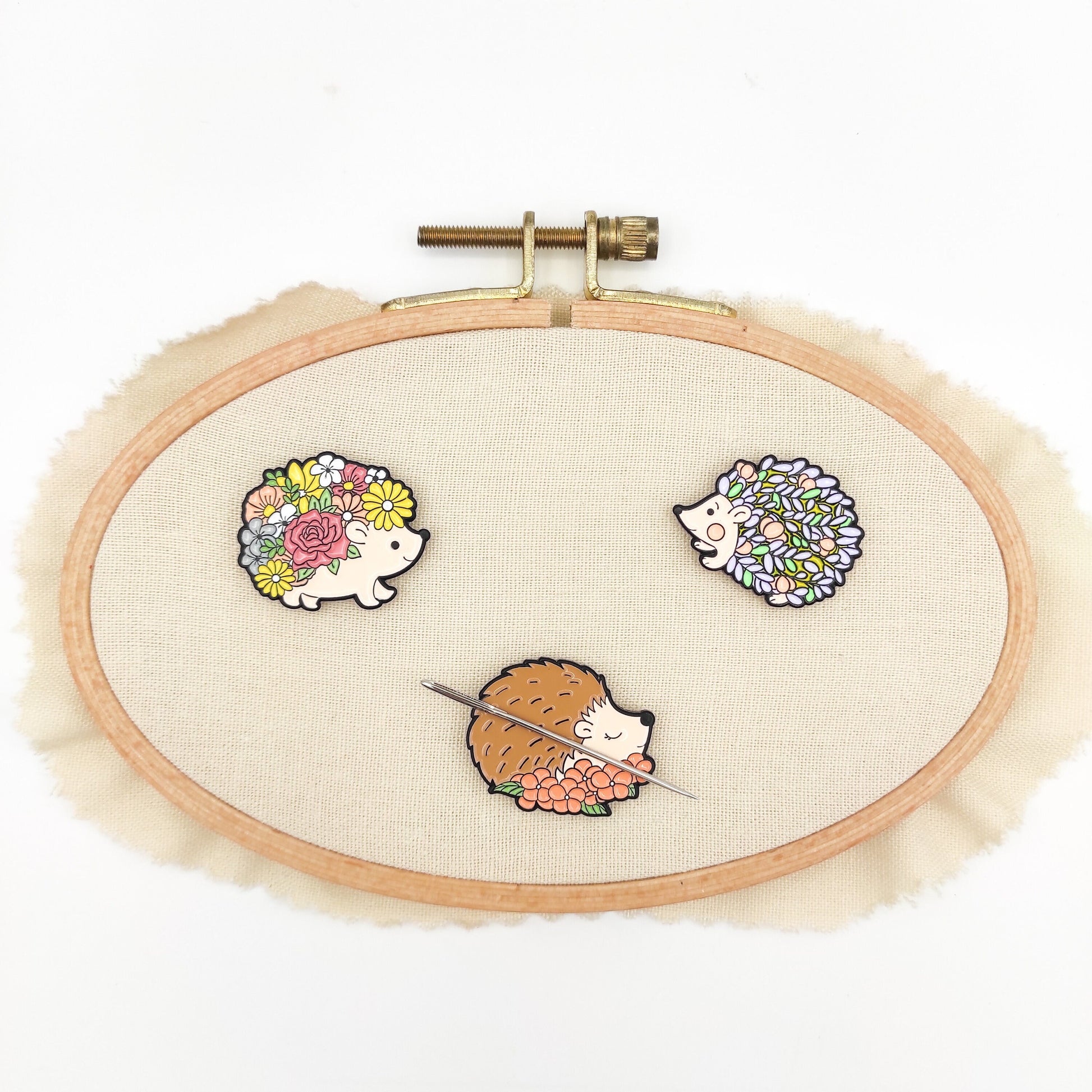 Hedgehog enamel needle minders, Needle Minder for Embroidery, Cross Stitch, Needle work, needlecraft projects and sewing.