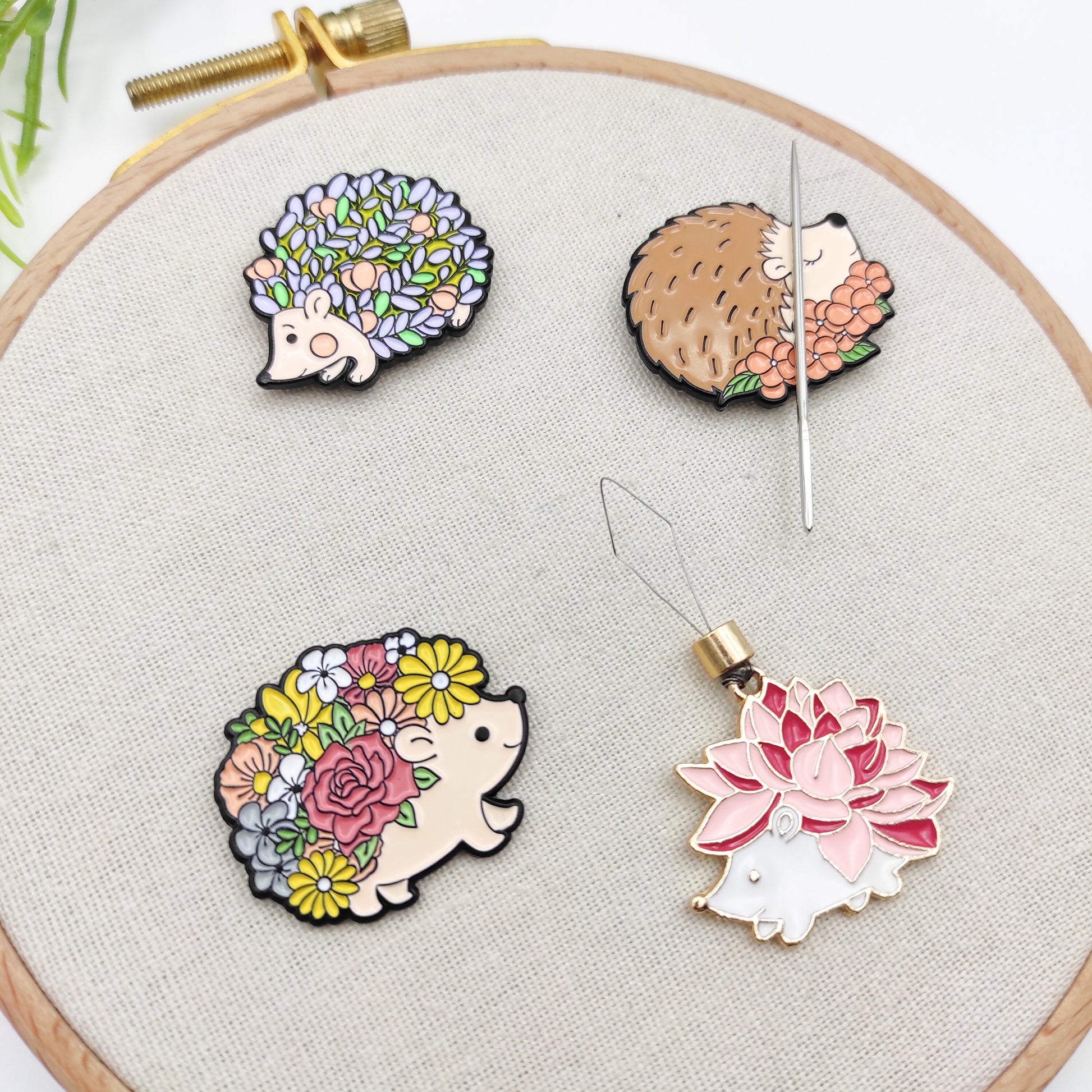 Hedgehog enamel needle minders, Needle Minder for Embroidery, Cross Stitch, Needle work, needlecraft projects and sewing.