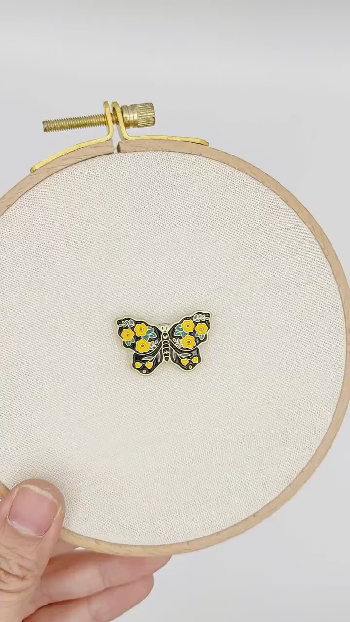 Butterfly enamel needle minders, Floral butterfly Needle Minder for Embroidery, Cross Stitch, Needle work, needlecraft projects and sewing.