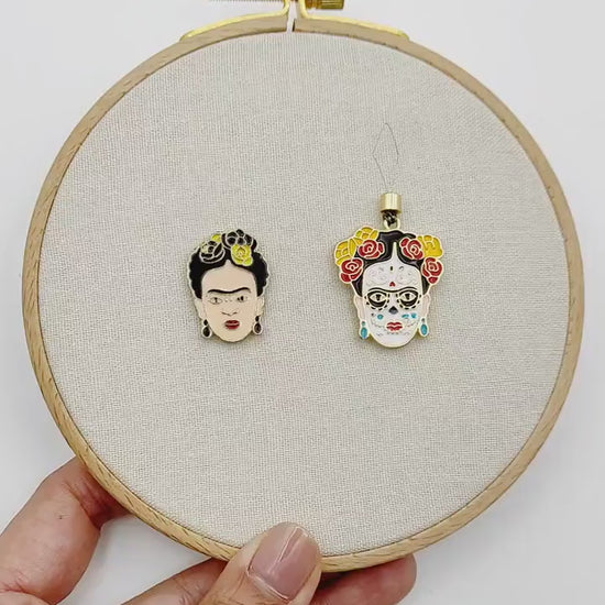 Feminist Frida Enamel Needle Minder, Needle Threader for Embroidery/ Cross Stitch/Needle work/Needlecraft/Sewing.