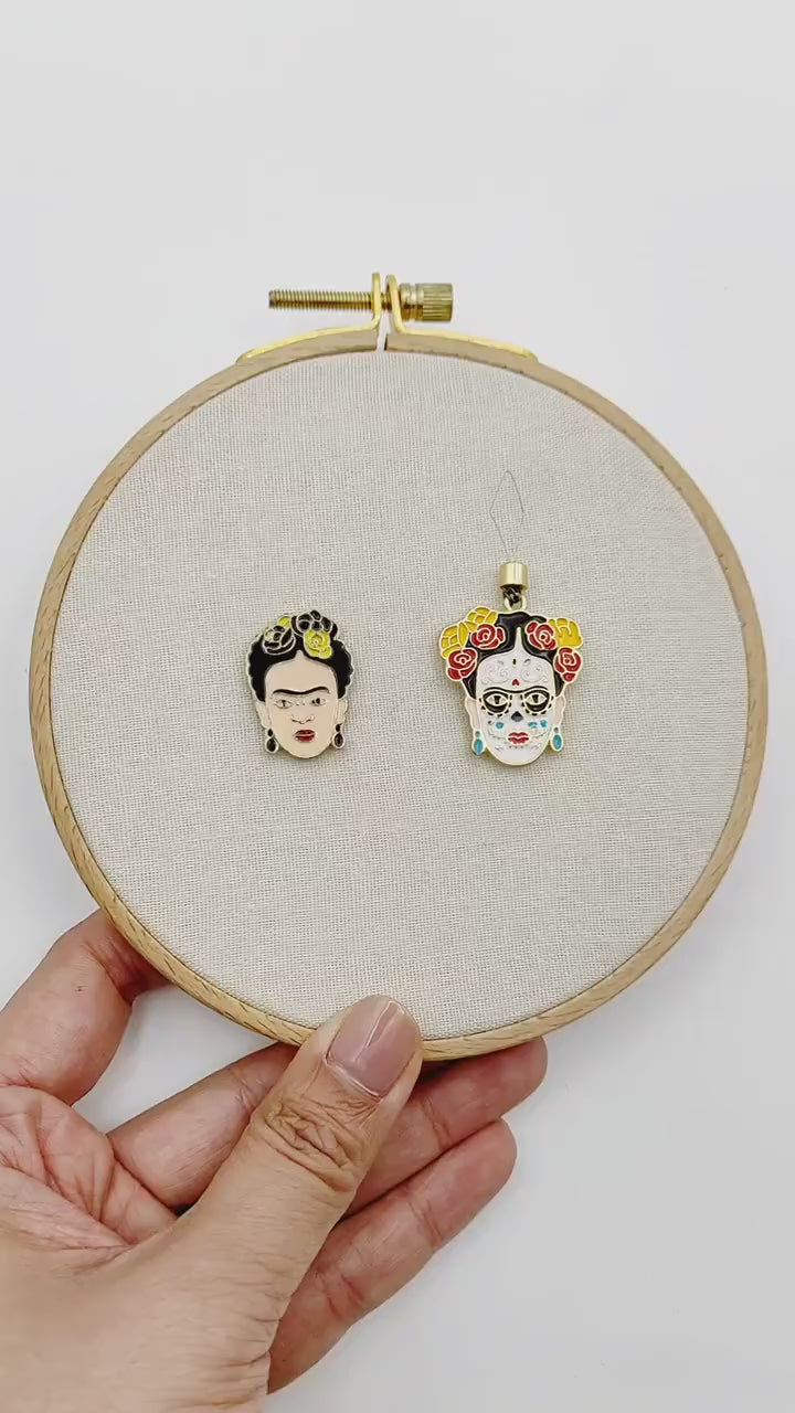 Feminist Frida Enamel Needle Minder, Needle Threader for Embroidery/ Cross Stitch/Needle work/Needlecraft/Sewing.