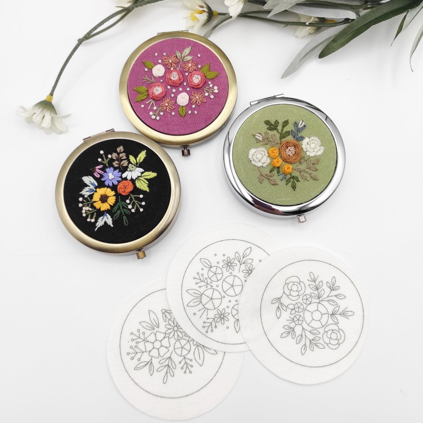 Stick & Stitch embroidery patterns, DIY embroidery patterns for large pillbox/pocket mirror, water soluble pre-printed  embroidery pattern