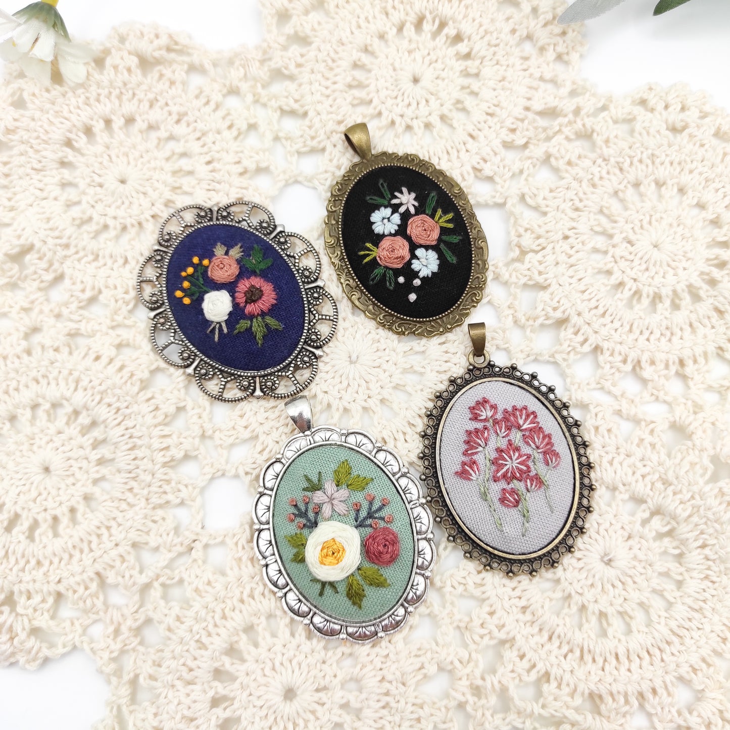 Stick & Stitch embroidery patterns, DIY embroidery floral patterns for oval necklace, water soluble pre-printed  embroidery pattern