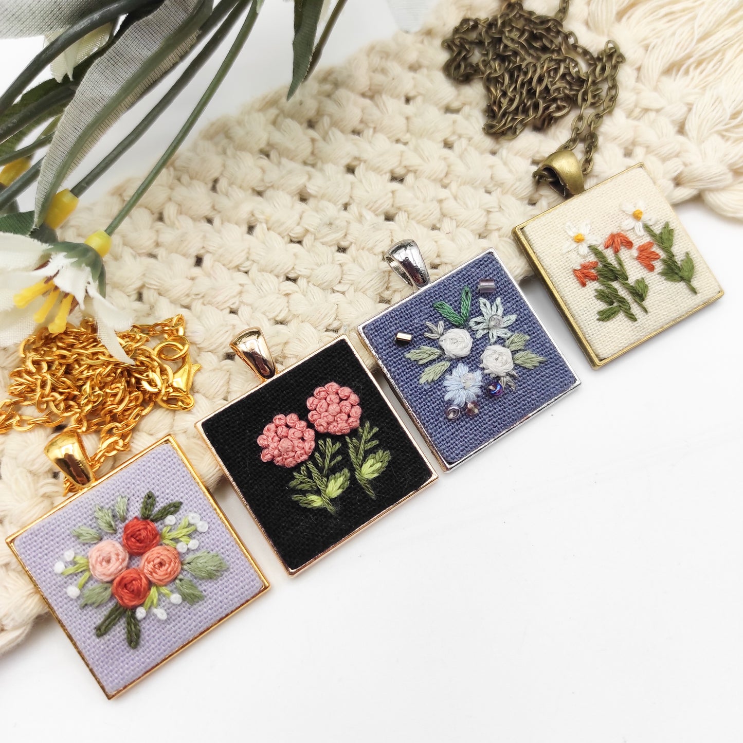 Stick & Stitch embroidery patterns, DIY embroidery floral patterns for square necklace pendant, water soluble pre-printed embroidery pattern