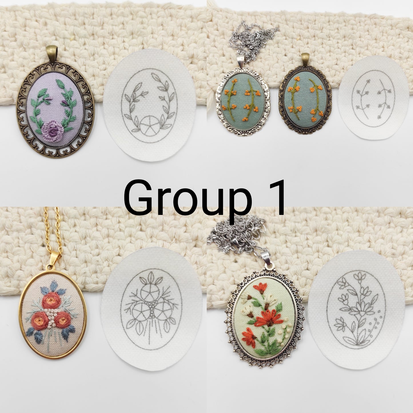 Stick & Stitch embroidery patterns, DIY embroidery floral patterns for oval necklace, water soluble pre-printed  embroidery pattern