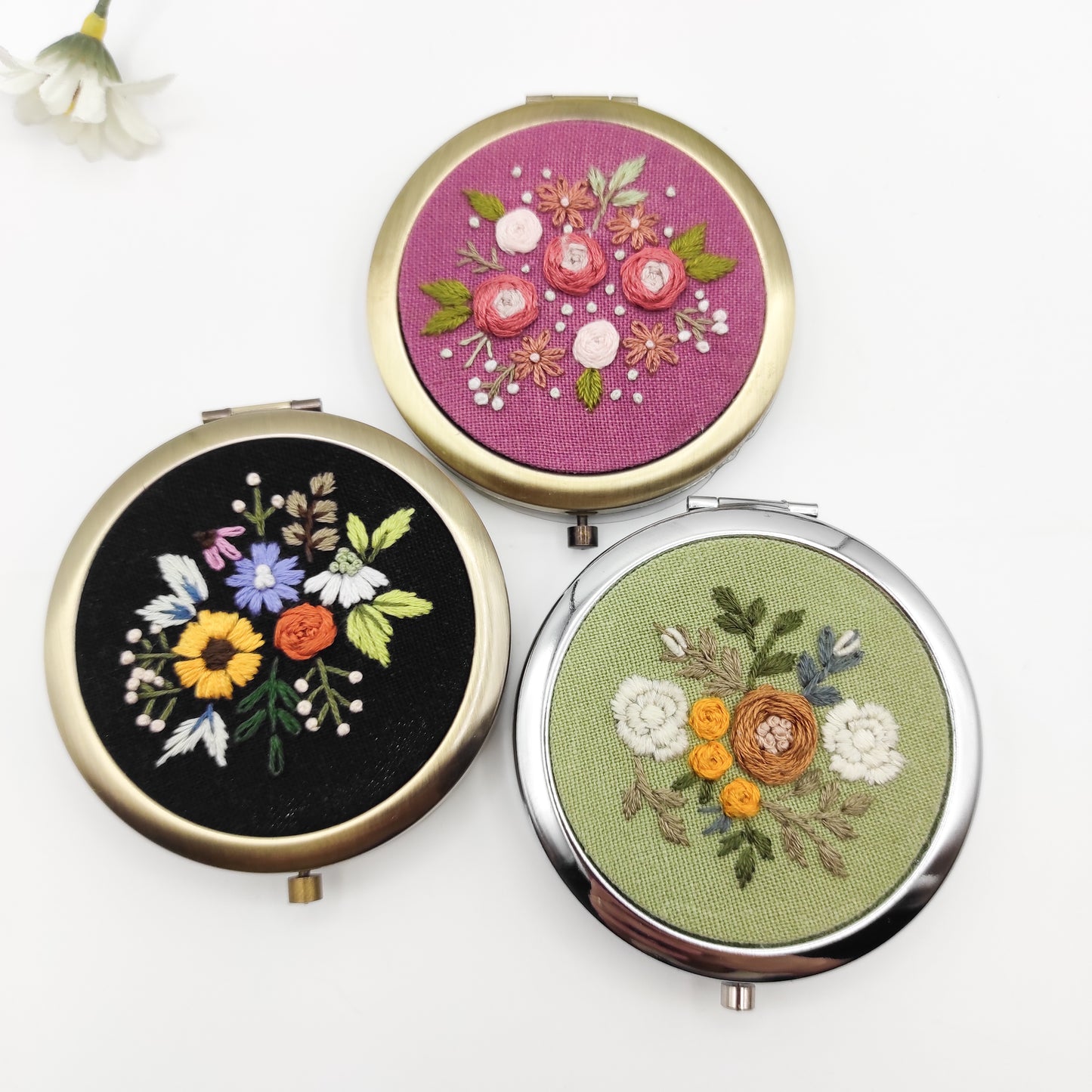 Stick & Stitch embroidery patterns, DIY embroidery patterns for large pillbox/pocket mirror, water soluble pre-printed  embroidery pattern