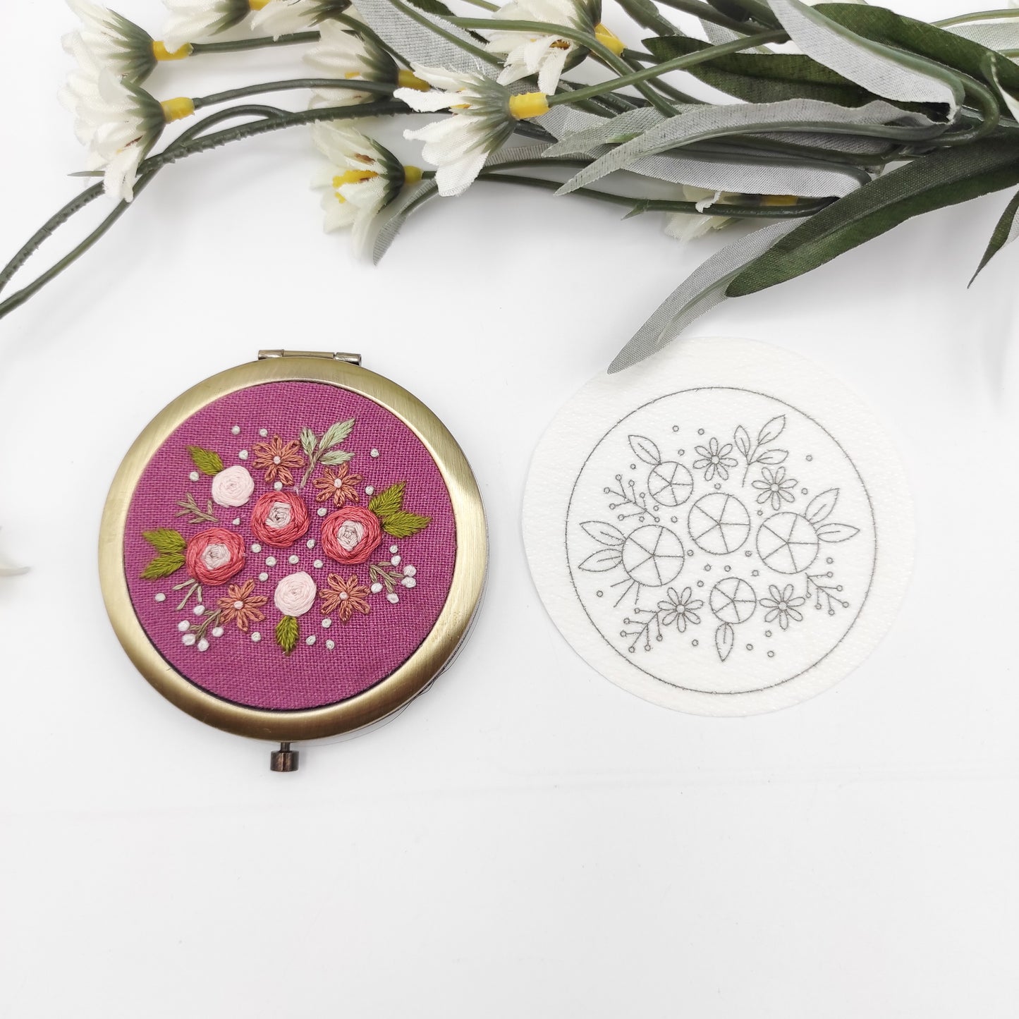 Stick & Stitch embroidery patterns, DIY embroidery patterns for large pillbox/pocket mirror, water soluble pre-printed  embroidery pattern