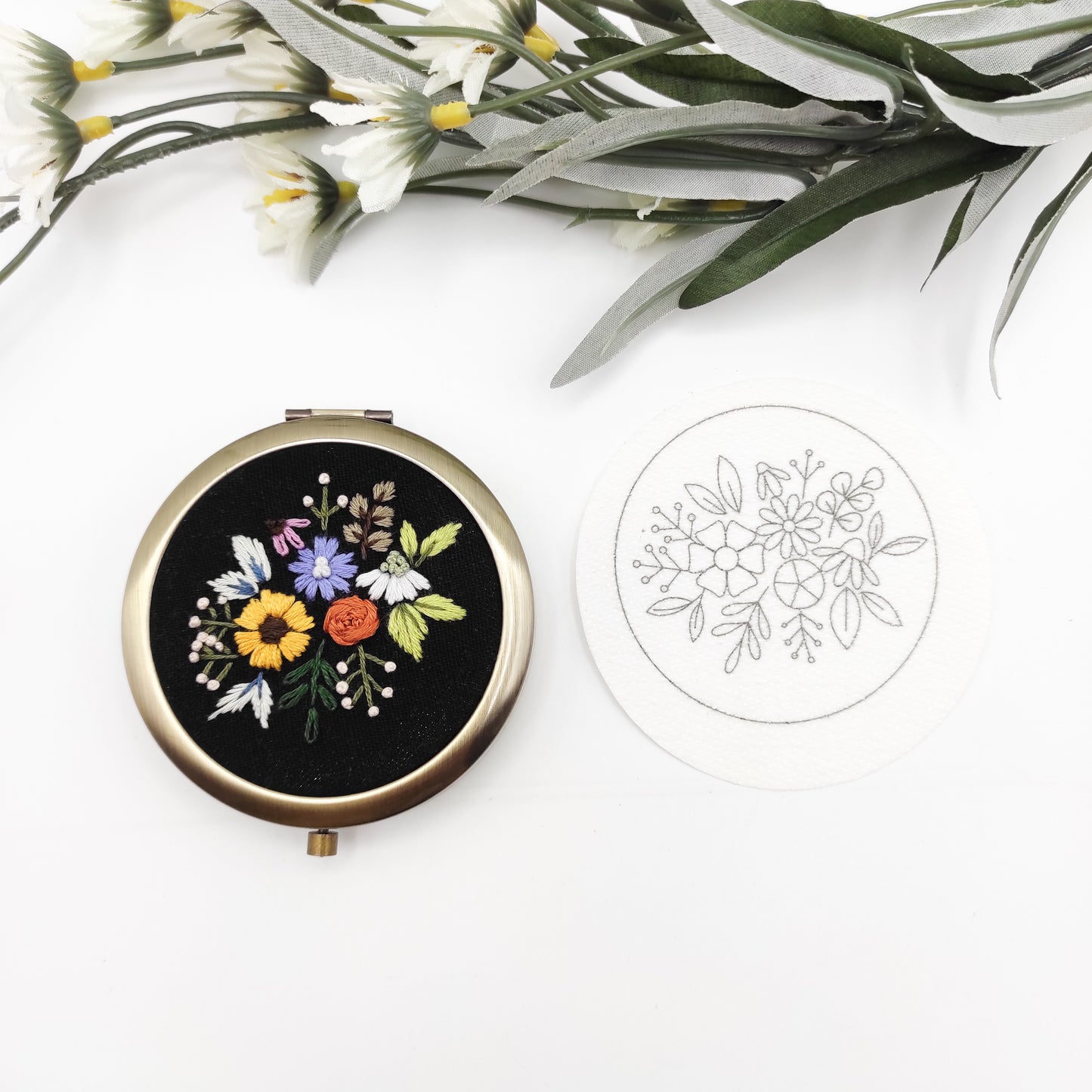 Stick & Stitch embroidery patterns, DIY embroidery patterns for large pillbox/pocket mirror, water soluble pre-printed  embroidery pattern