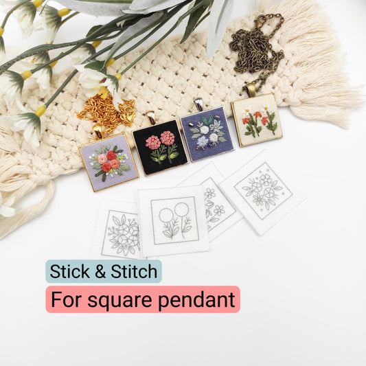 Stick & Stitch embroidery patterns, DIY embroidery floral patterns for square necklace pendant, water soluble pre-printed embroidery pattern