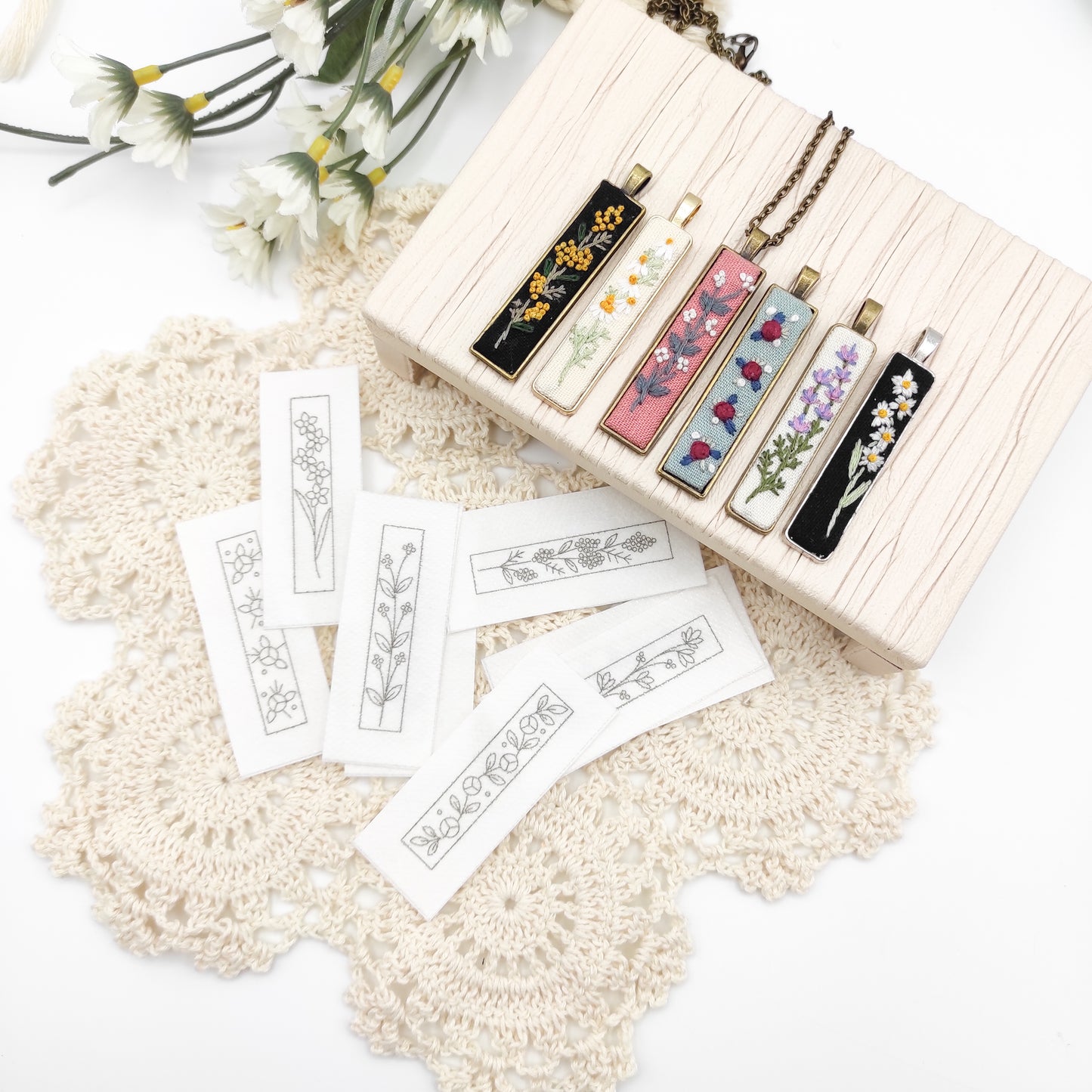 Stick & Stitch embroidery patterns, DIY embroidery floral patterns for rectangle necklace, water soluble pre-printed embroidery pattern