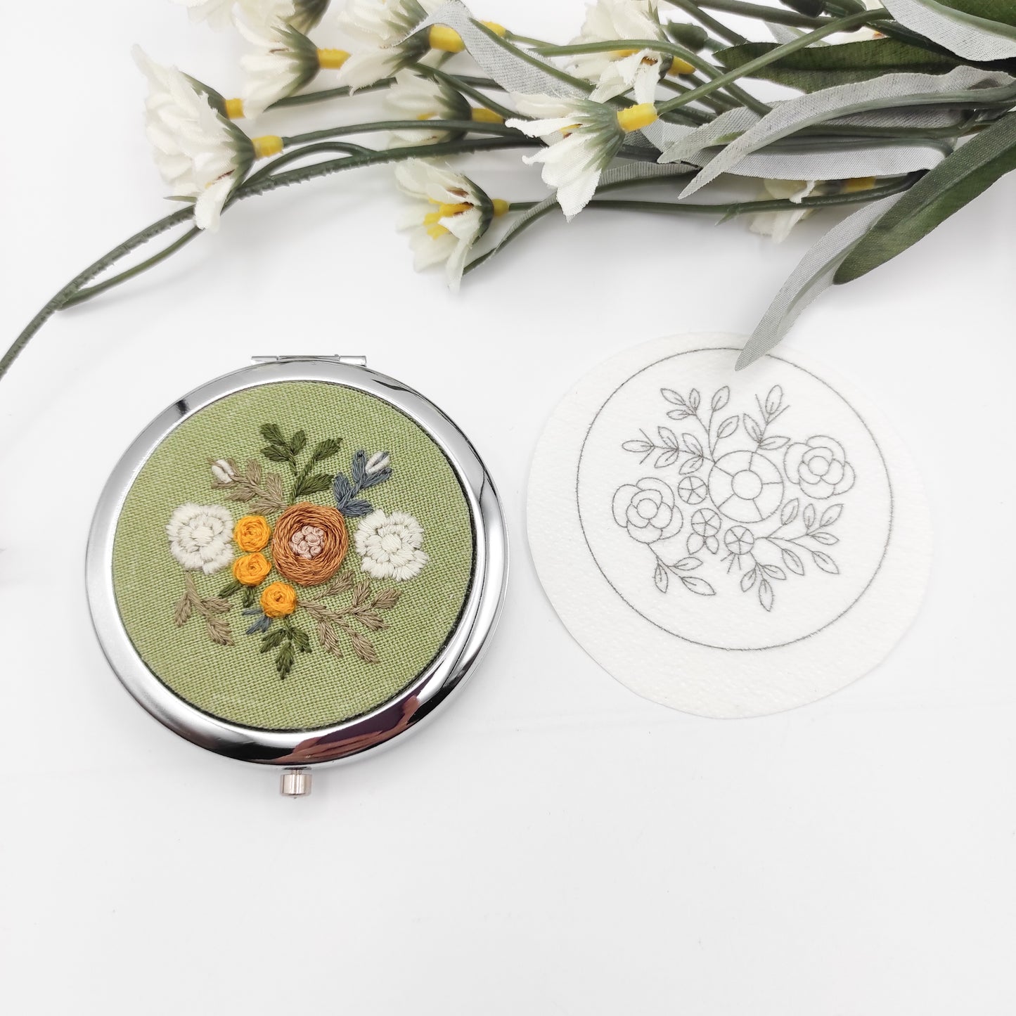 Stick & Stitch embroidery patterns, DIY embroidery patterns for large pillbox/pocket mirror, water soluble pre-printed  embroidery pattern