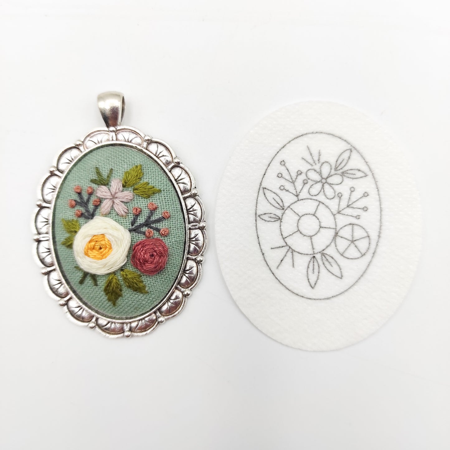 Stick & Stitch embroidery patterns, DIY embroidery floral patterns for oval necklace, water soluble pre-printed  embroidery pattern