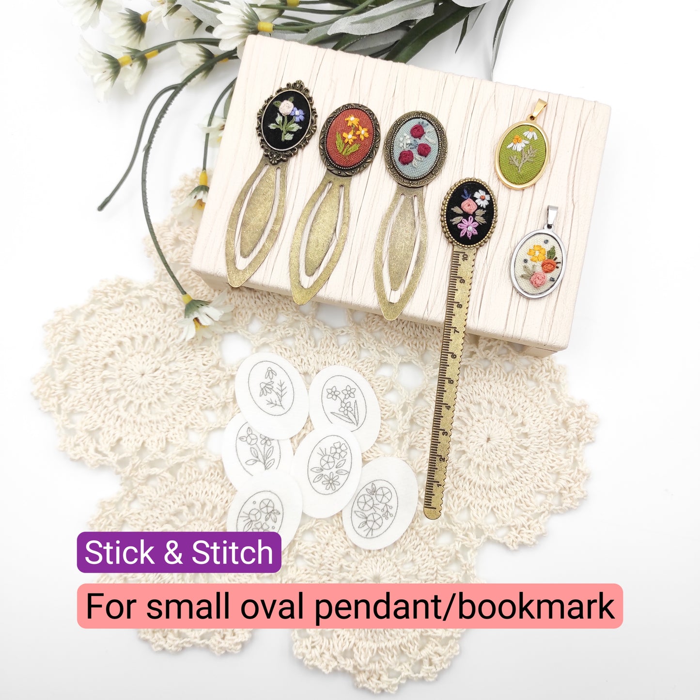 Small Oval Stick & Stitch embroidery patterns, DIY embroidery floral patterns for small oval necklace/bookmark