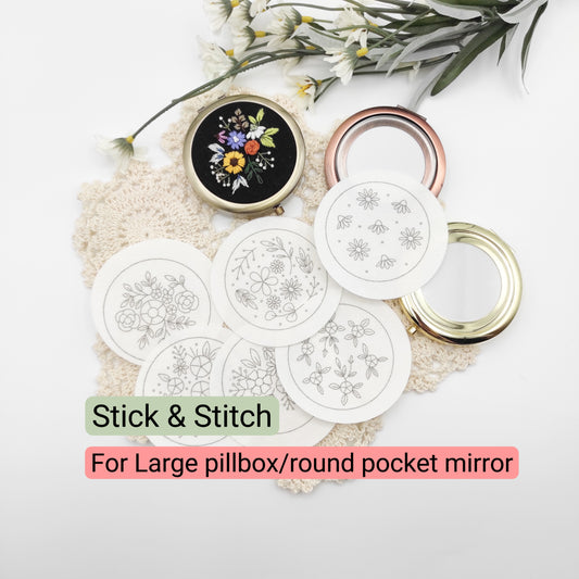 Stick & Stitch embroidery patterns, DIY embroidery patterns for large pillbox/pocket mirror, water soluble pre-printed  embroidery pattern