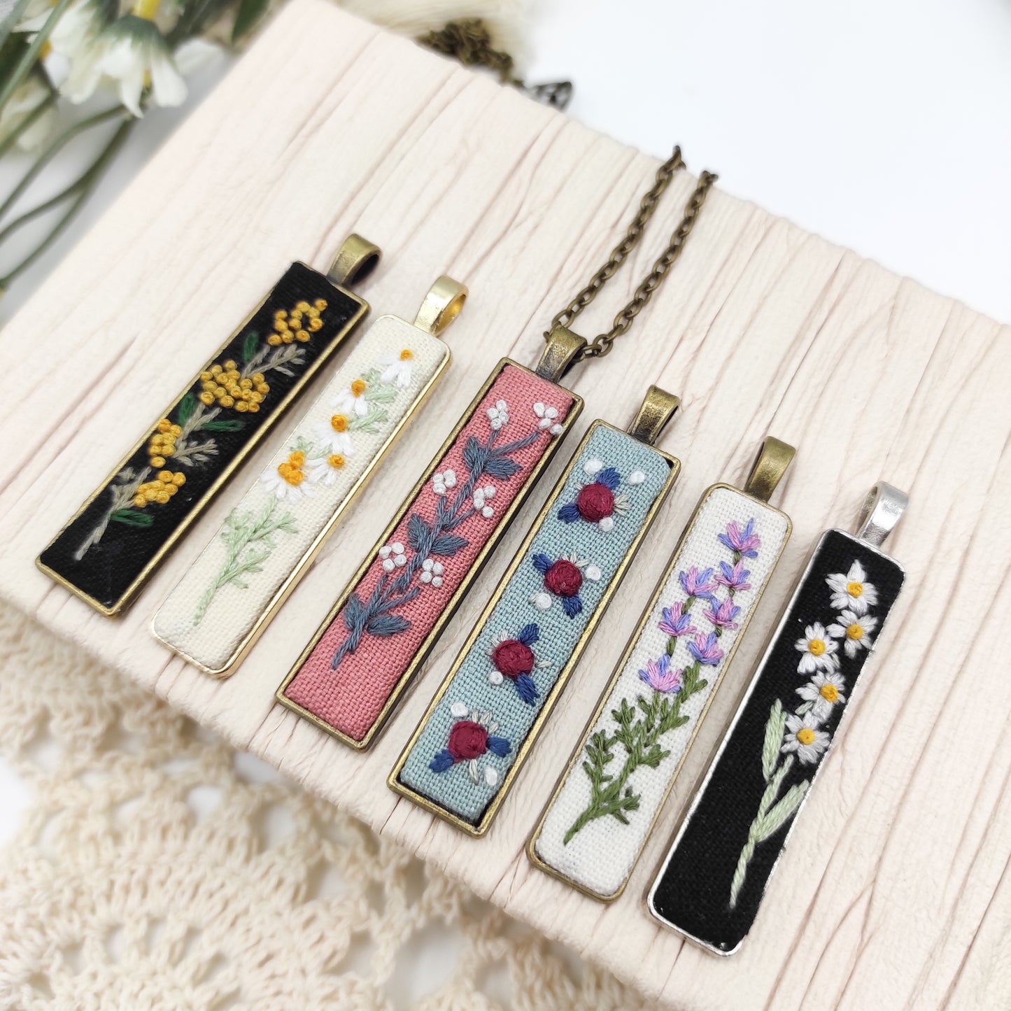 Stick & Stitch embroidery patterns, DIY embroidery floral patterns for rectangle necklace, water soluble pre-printed embroidery pattern