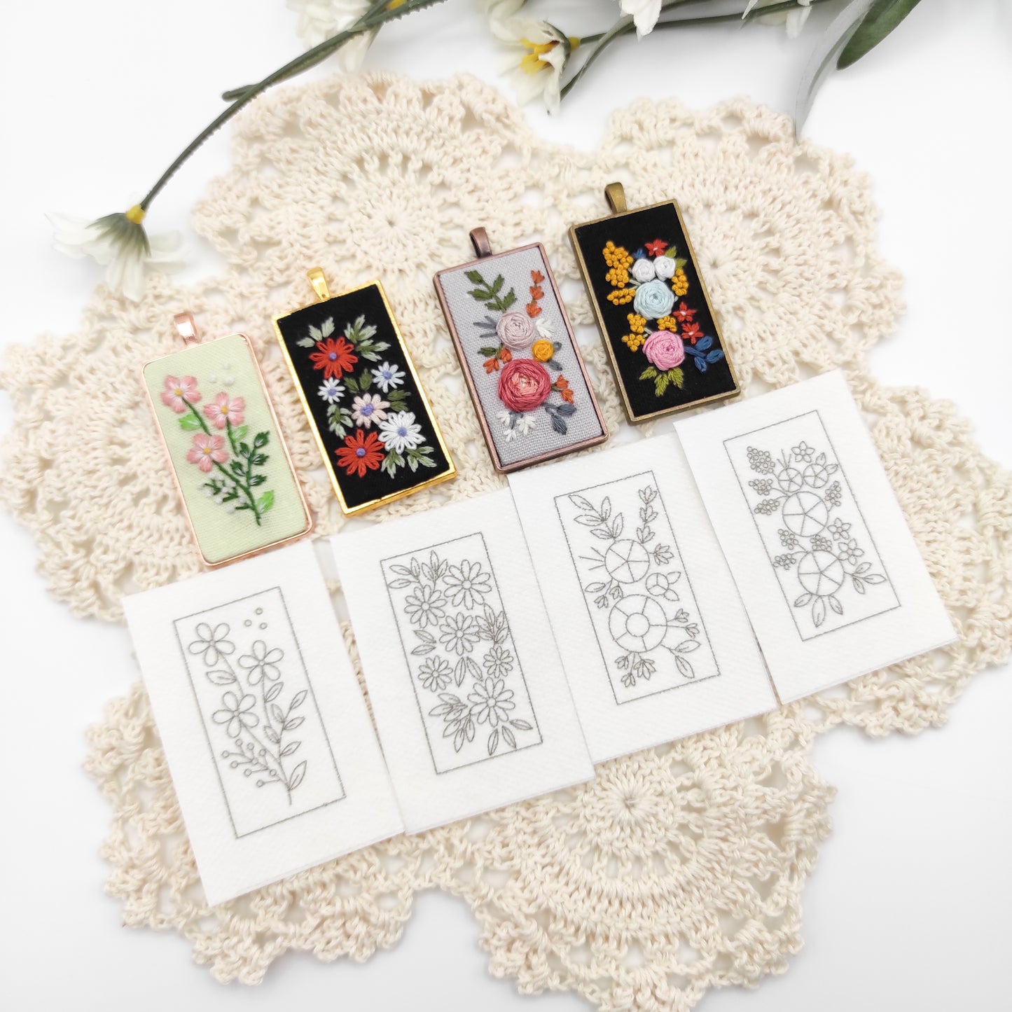 Stick & Stitch embroidery patterns, DIY embroidery floral patterns for rectangle necklace, water soluble pre-printed  embroidery pattern