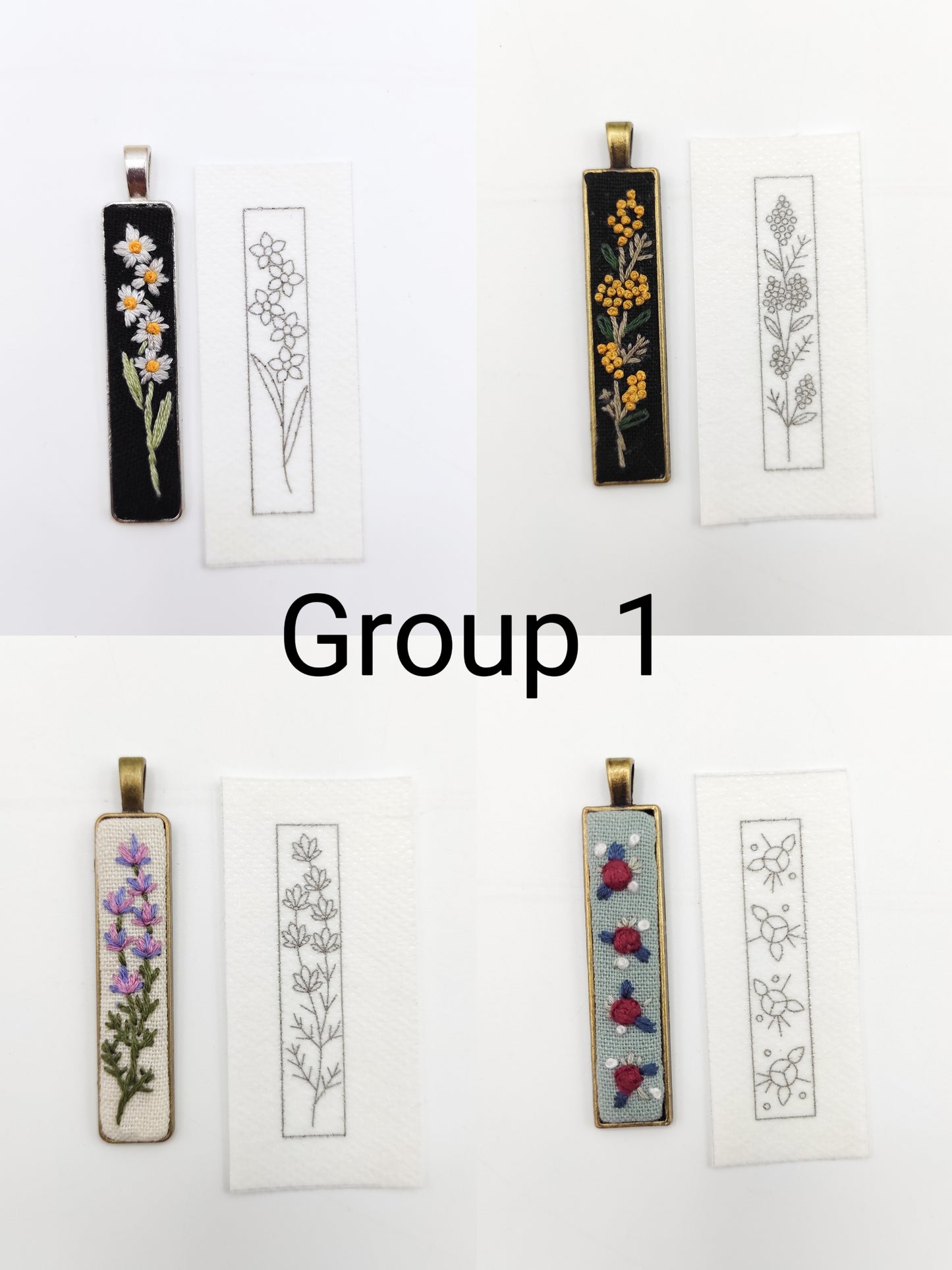 Stick & Stitch embroidery patterns, DIY embroidery floral patterns for rectangle necklace, water soluble pre-printed embroidery pattern