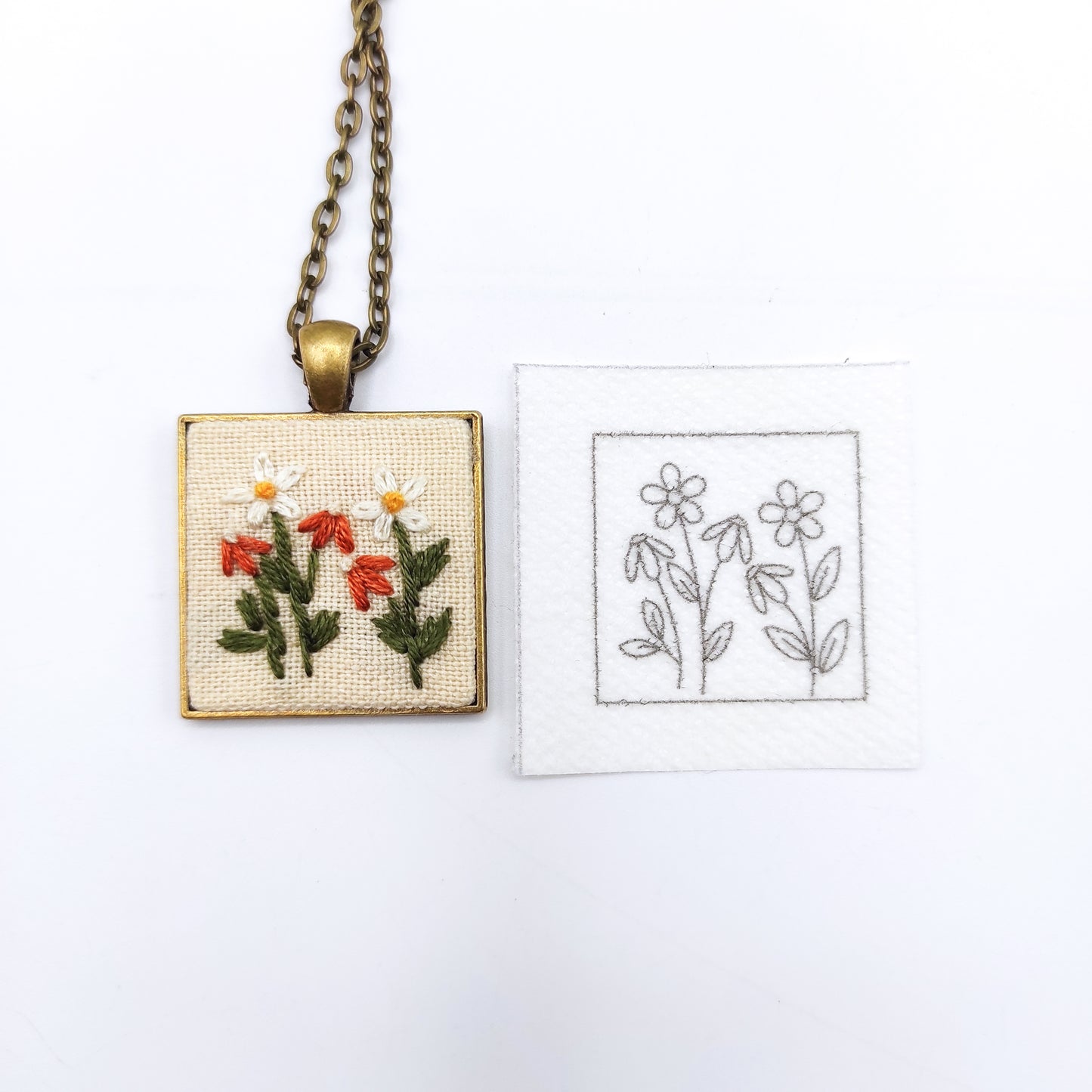 Stick & Stitch embroidery patterns, DIY embroidery floral patterns for square necklace pendant, water soluble pre-printed embroidery pattern