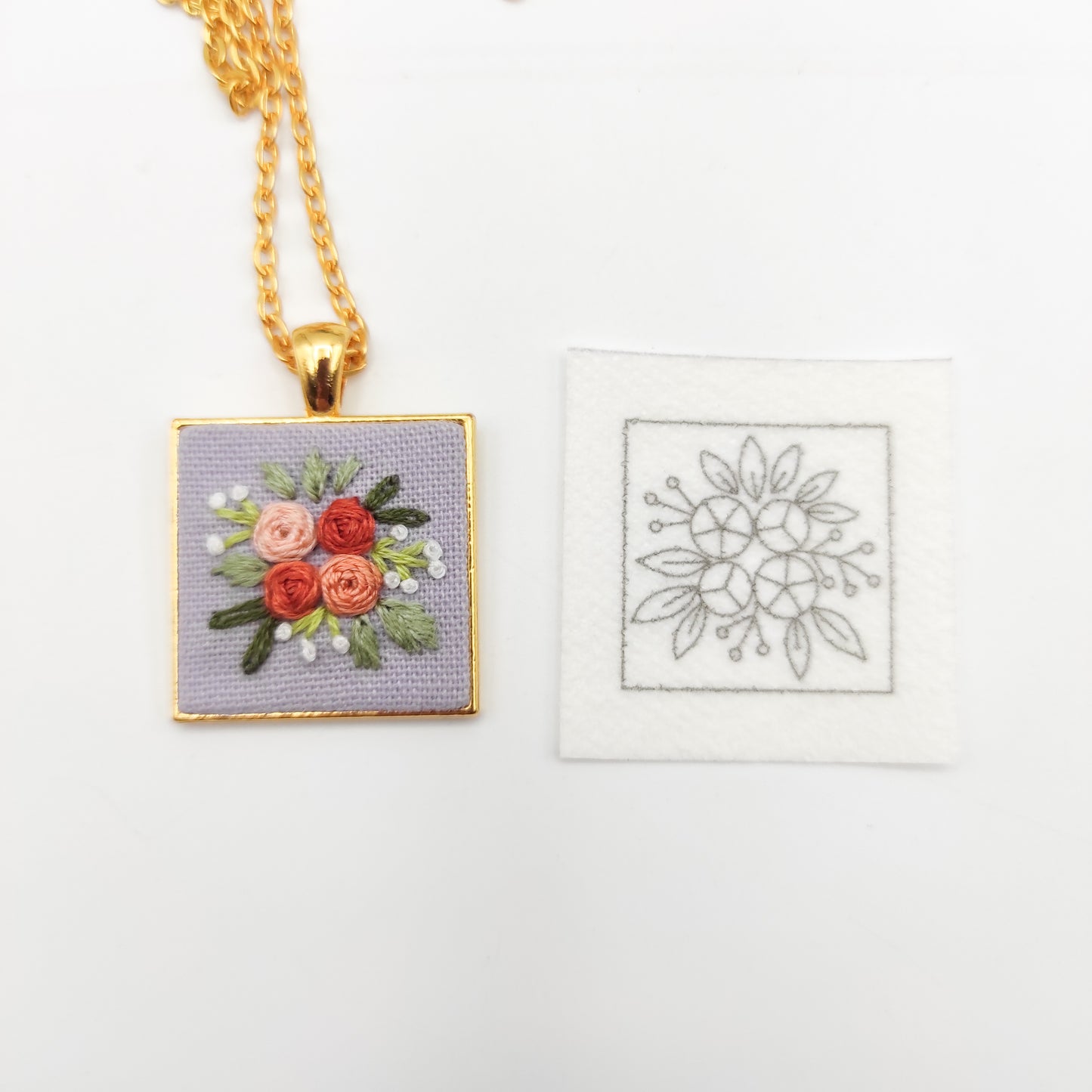 Stick & Stitch embroidery patterns, DIY embroidery floral patterns for square necklace pendant, water soluble pre-printed embroidery pattern