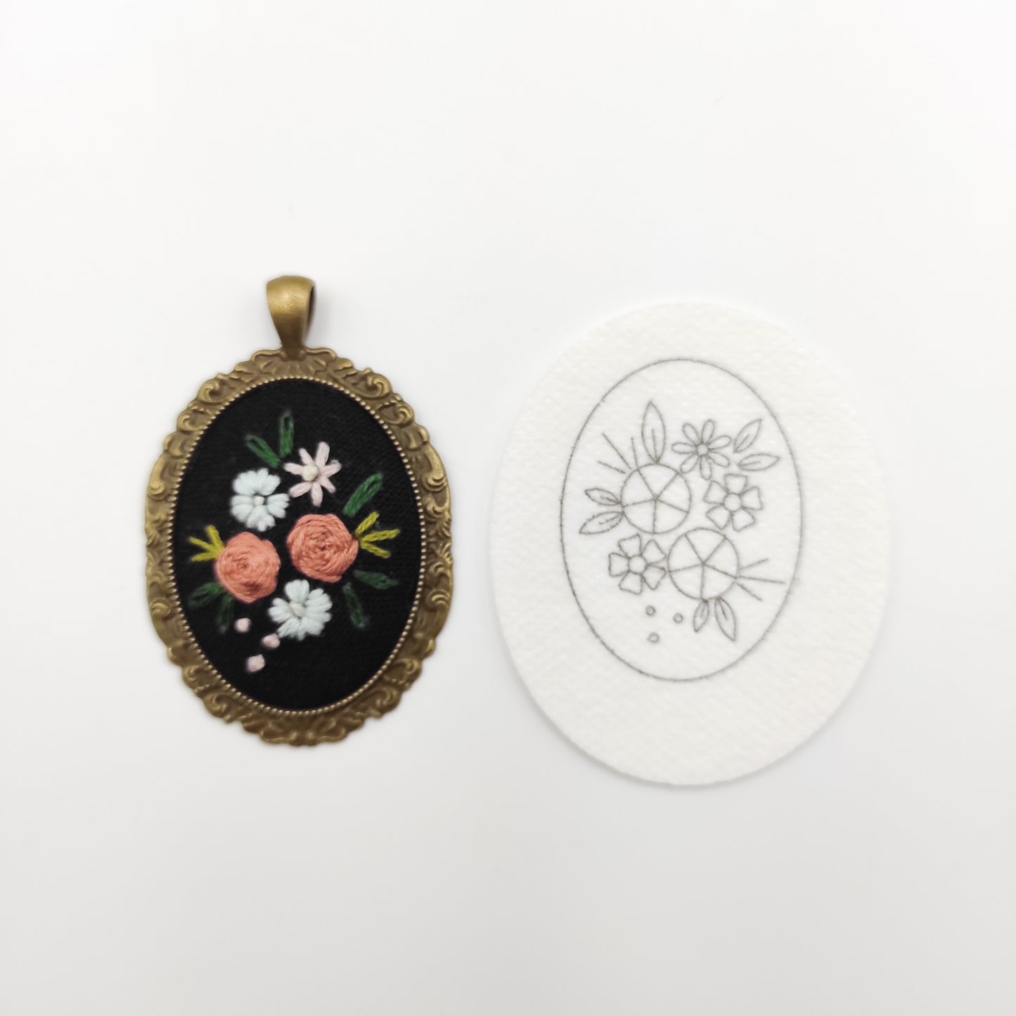 Stick & Stitch embroidery patterns, DIY embroidery floral patterns for oval necklace, water soluble pre-printed  embroidery pattern