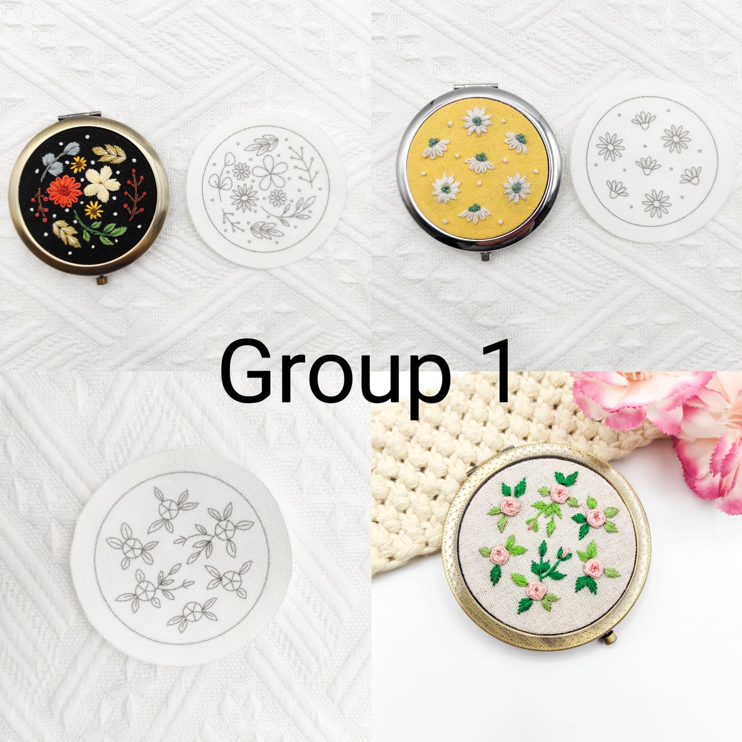 Stick & Stitch embroidery patterns, DIY embroidery patterns for large pillbox/pocket mirror, water soluble pre-printed  embroidery pattern