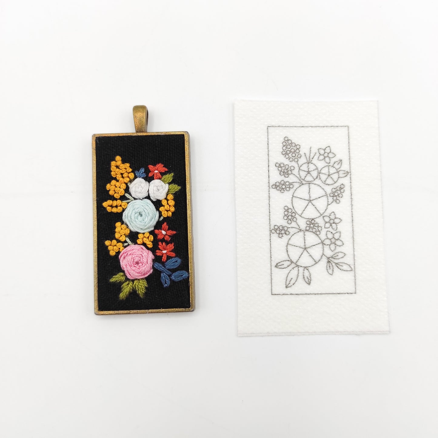 Stick & Stitch embroidery patterns, DIY embroidery floral patterns for rectangle necklace, water soluble pre-printed  embroidery pattern