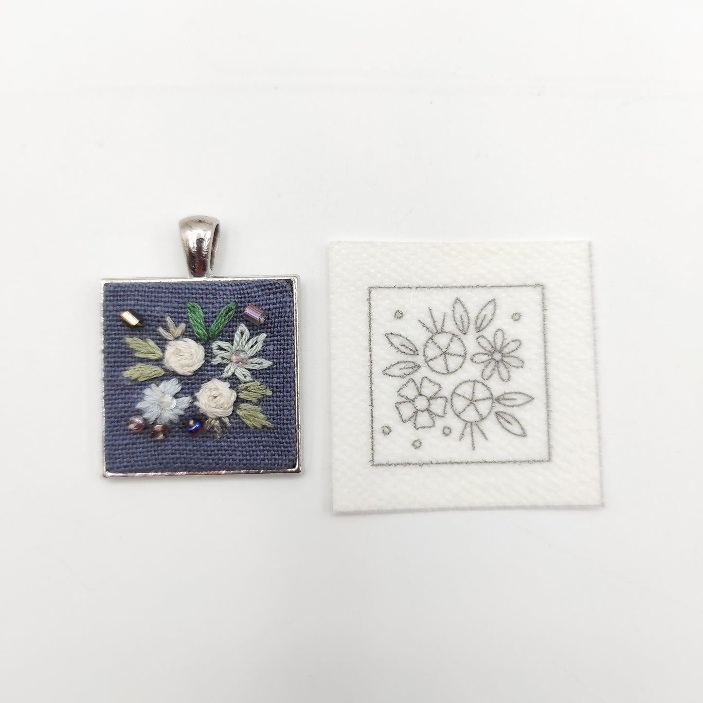 Stick & Stitch embroidery patterns, DIY embroidery floral patterns for square necklace pendant, water soluble pre-printed embroidery pattern