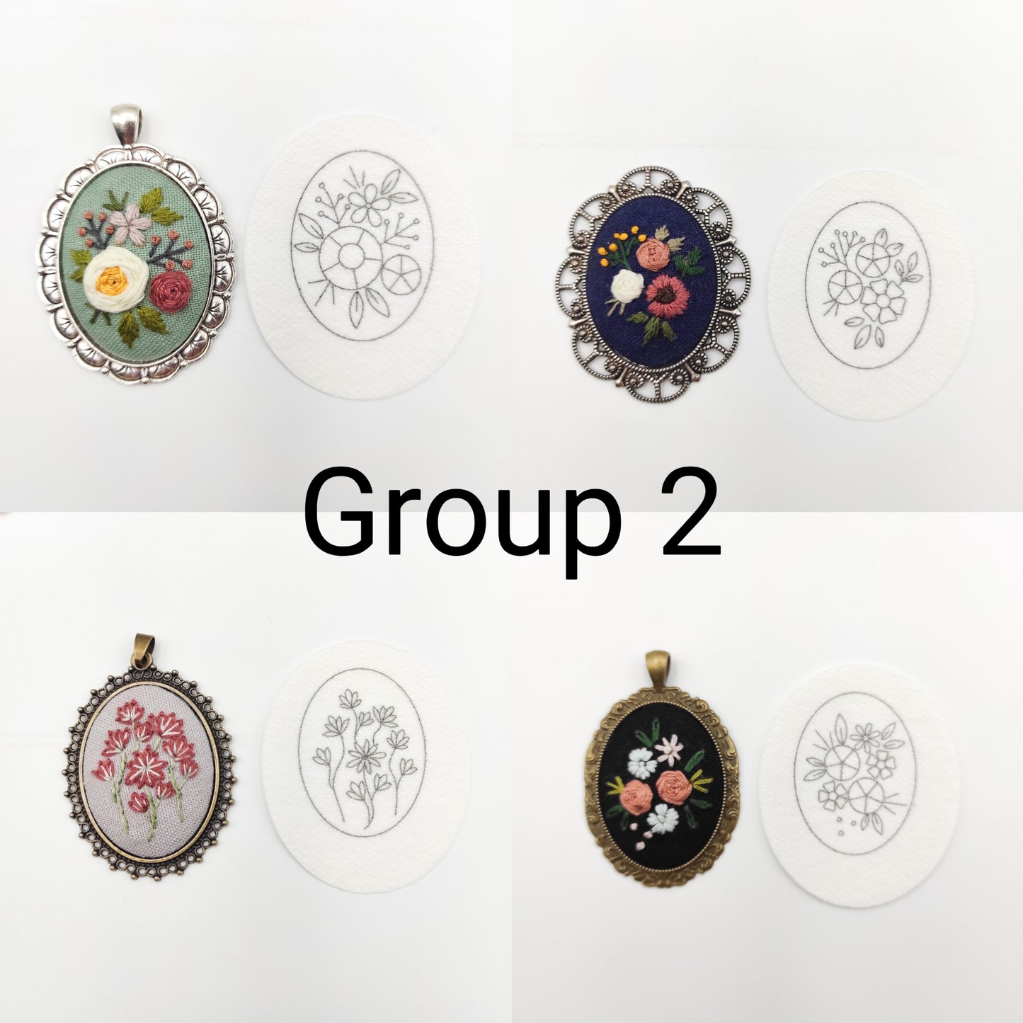 Stick & Stitch embroidery patterns, DIY embroidery floral patterns for oval necklace, water soluble pre-printed  embroidery pattern