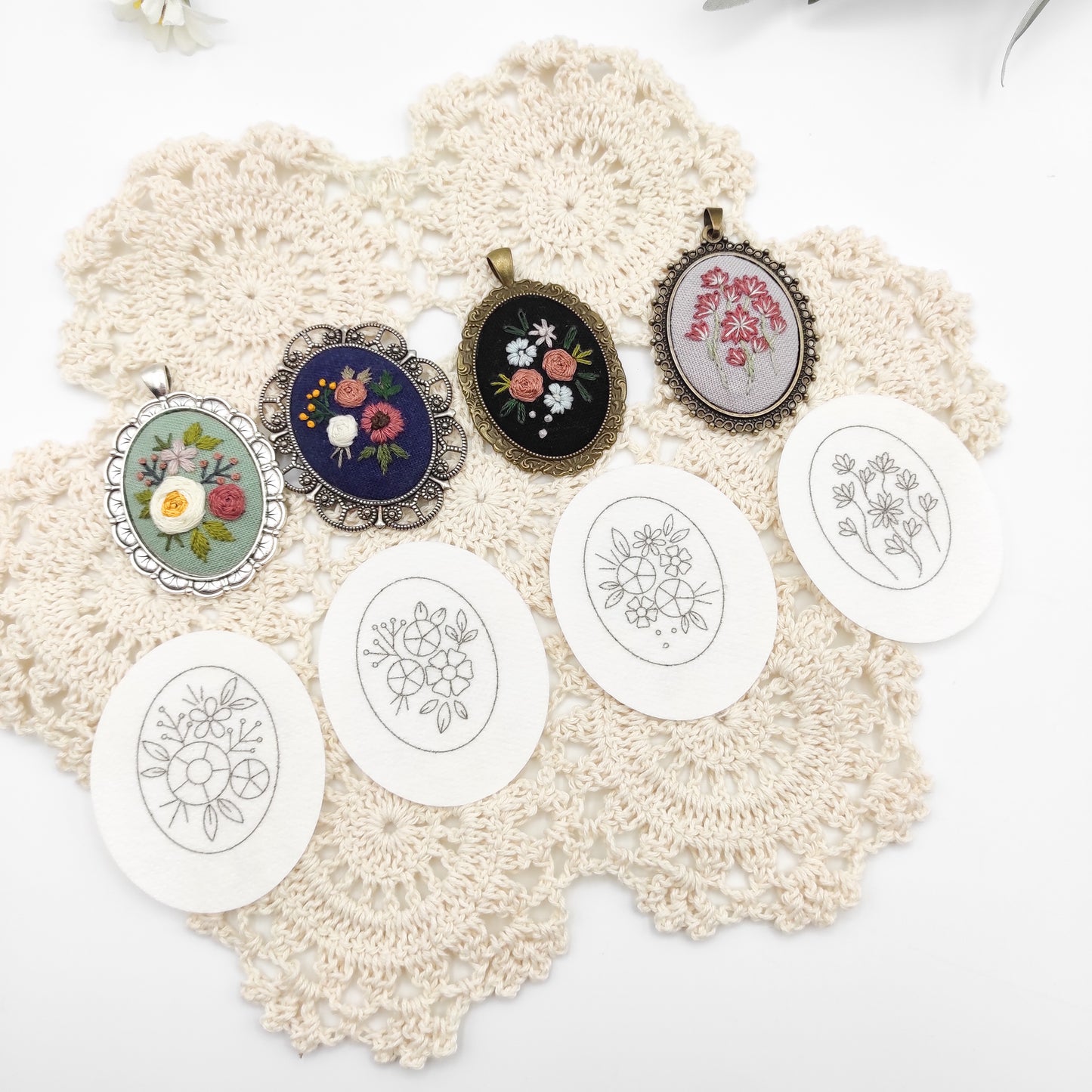 Stick & Stitch embroidery patterns, DIY embroidery floral patterns for oval necklace, water soluble pre-printed  embroidery pattern