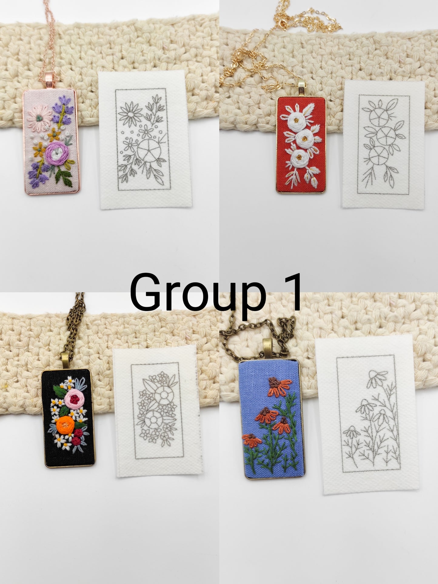 Stick & Stitch embroidery patterns, DIY embroidery floral patterns for rectangle necklace, water soluble pre-printed  embroidery pattern