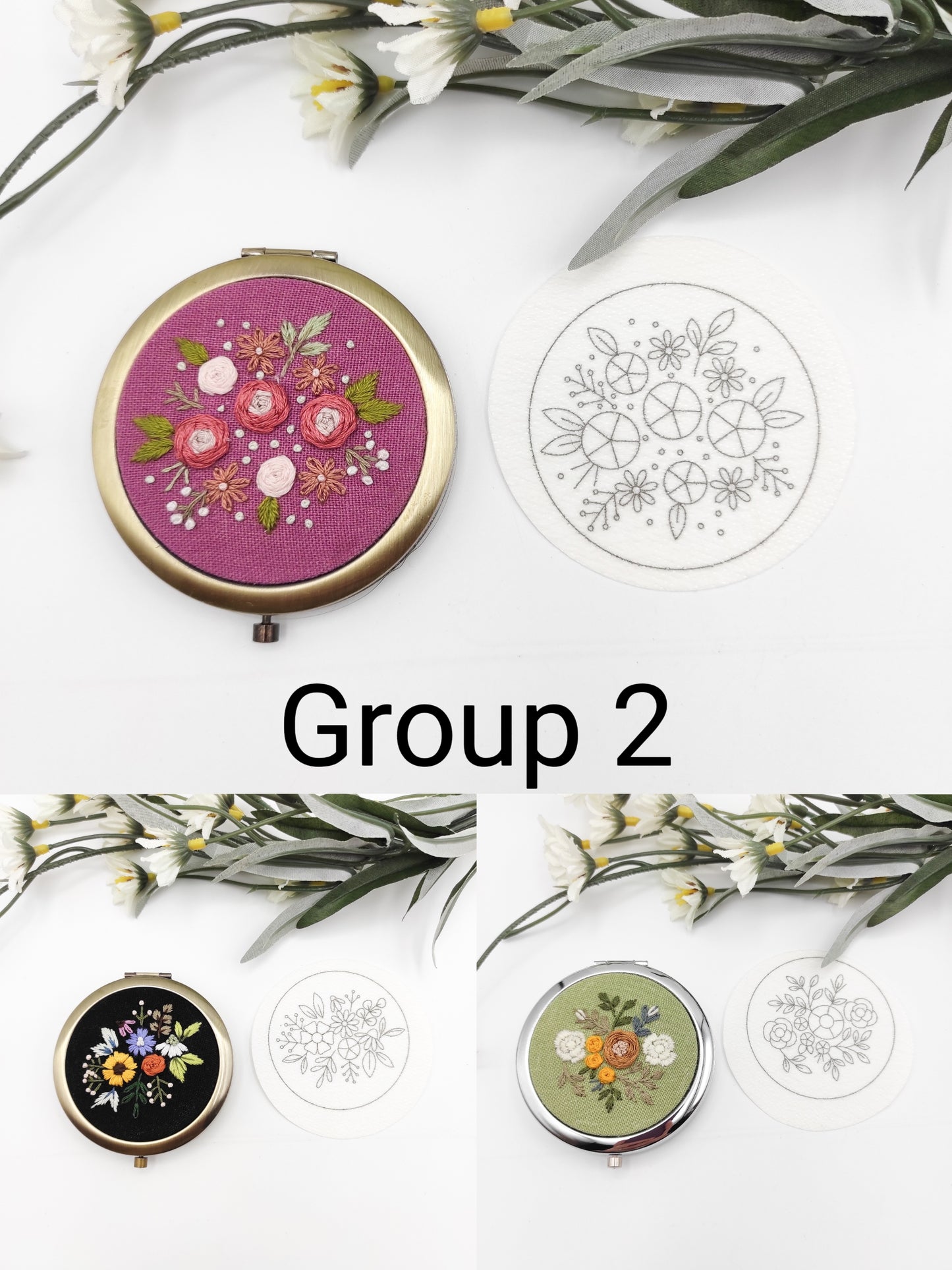 Stick & Stitch embroidery patterns, DIY embroidery patterns for large pillbox/pocket mirror, water soluble pre-printed  embroidery pattern