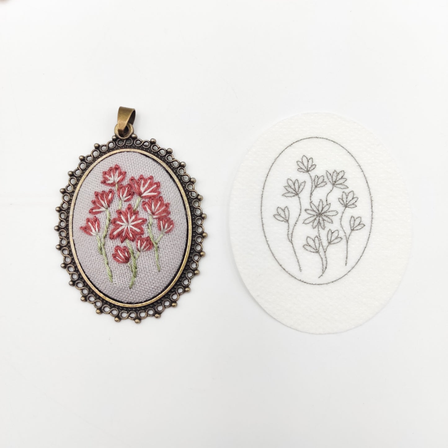 Stick & Stitch embroidery patterns, DIY embroidery floral patterns for oval necklace, water soluble pre-printed  embroidery pattern