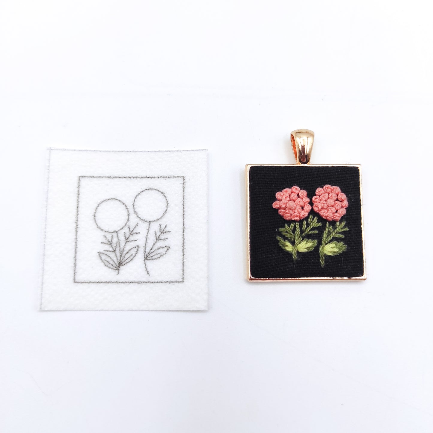 Stick & Stitch embroidery patterns, DIY embroidery floral patterns for square necklace pendant, water soluble pre-printed embroidery pattern