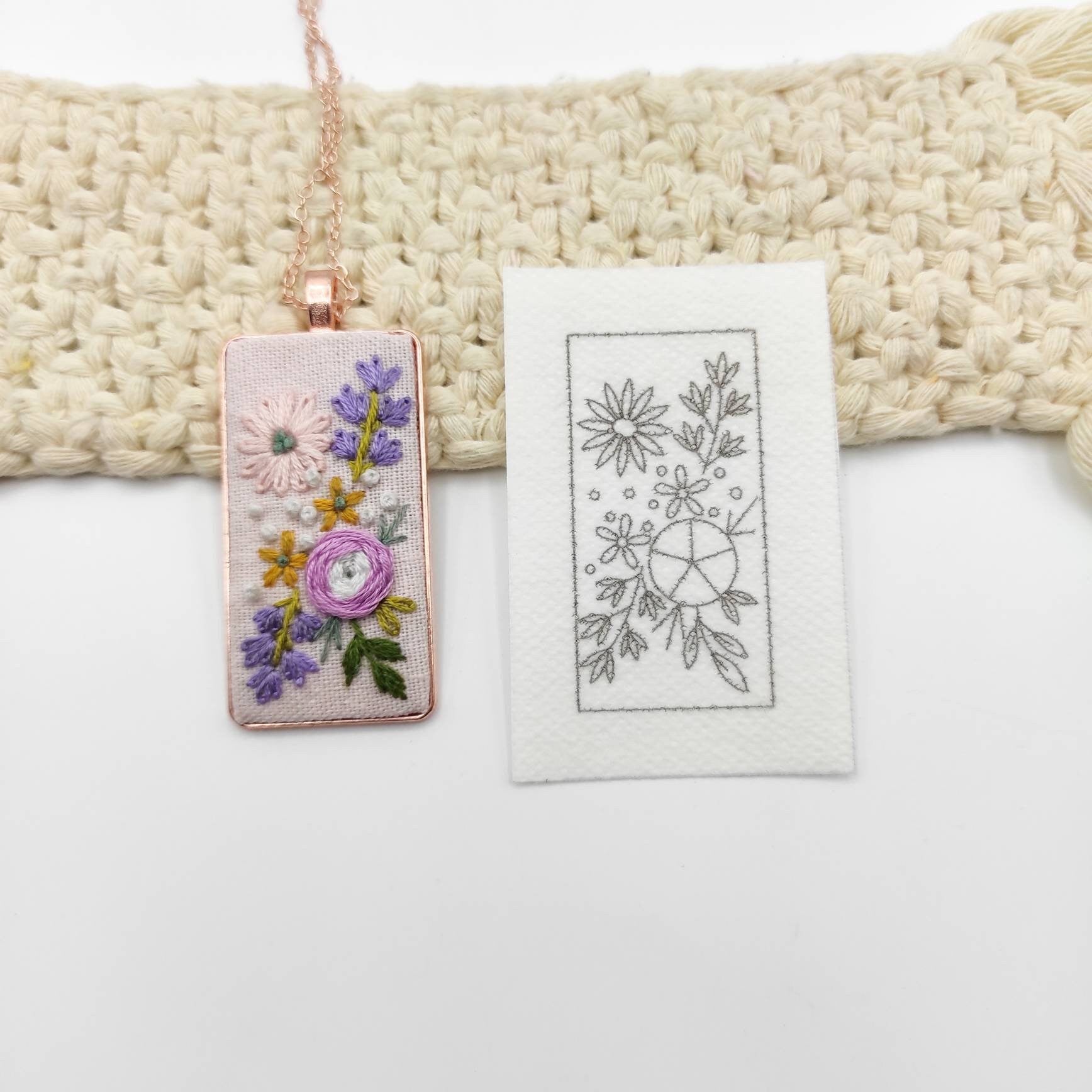 Stick & Stitch embroidery patterns, DIY embroidery floral patterns for rectangle necklace, water soluble pre-printed embroidery pattern