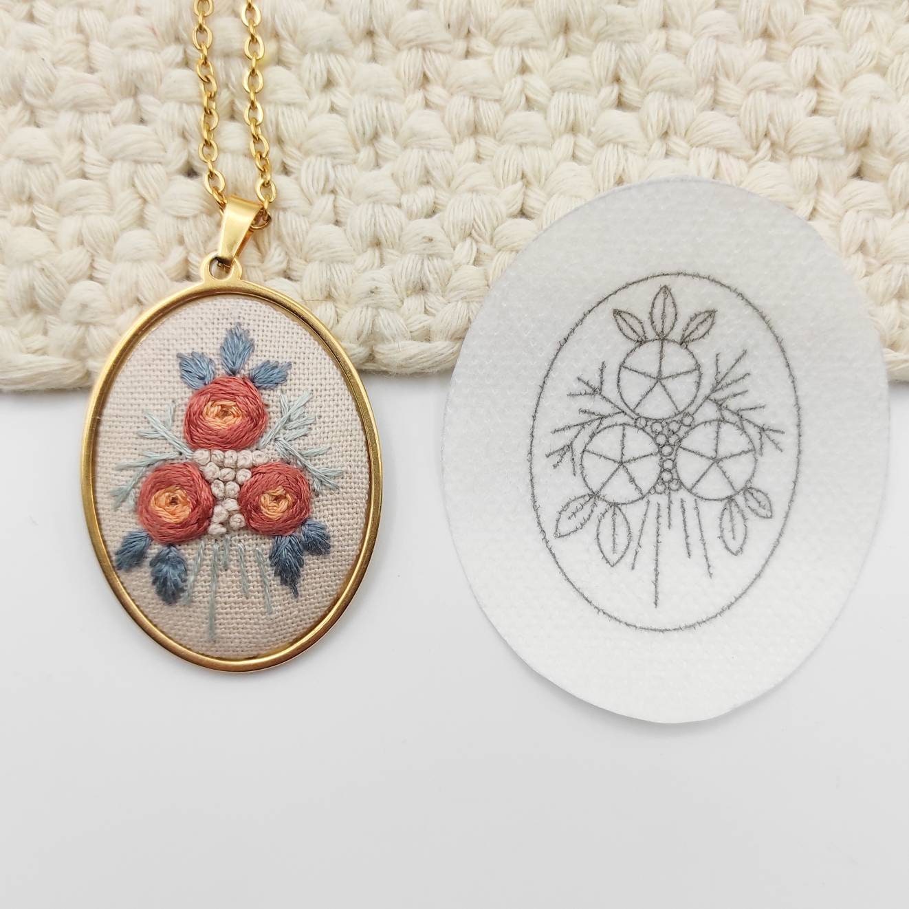 Stick & Stitch embroidery patterns, DIY embroidery floral patterns for oval necklace, water soluble pre-printed embroidery pattern