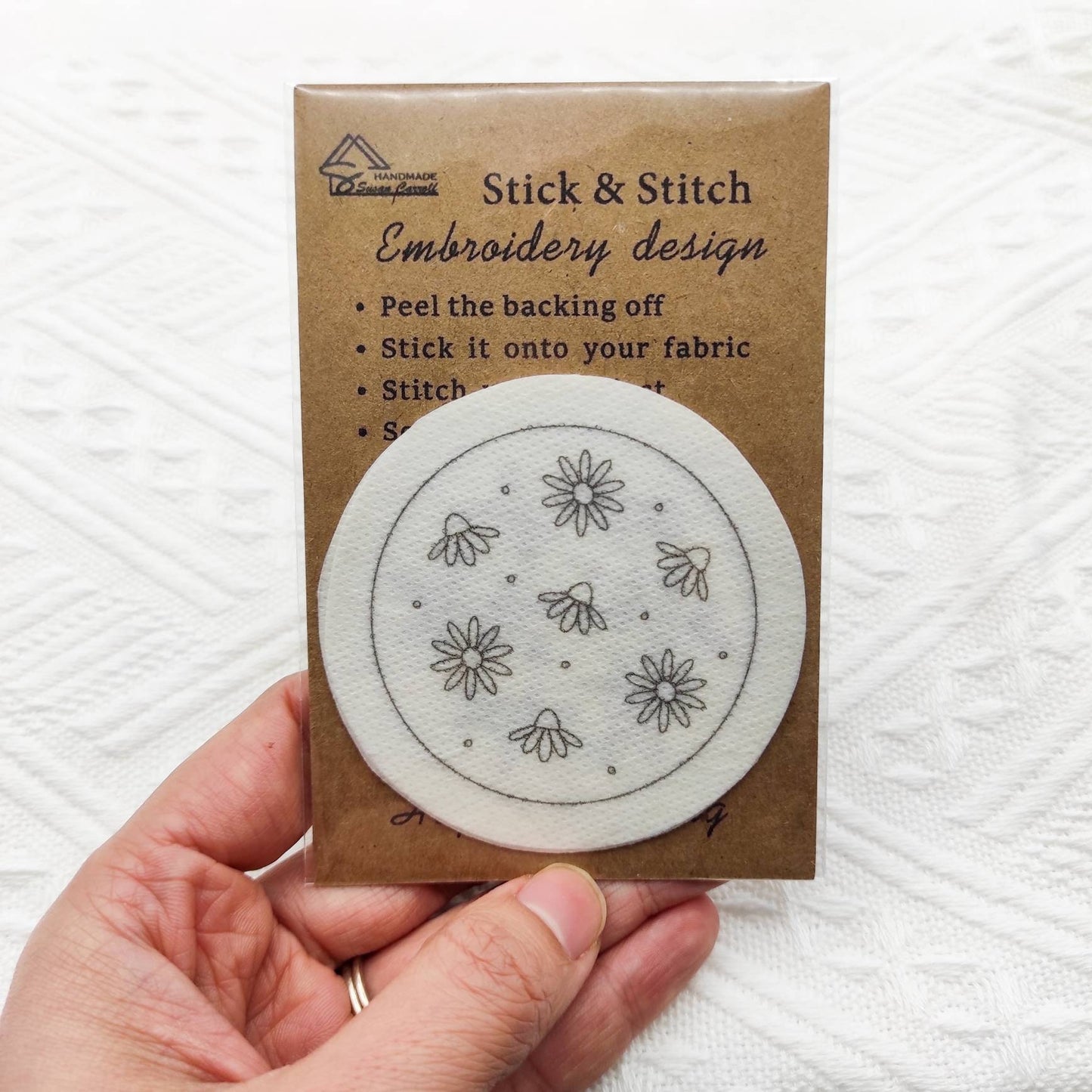 Stick & Stitch embroidery patterns, DIY embroidery patterns for large pillbox/pocket mirror, water soluble pre-printed embroidery pattern