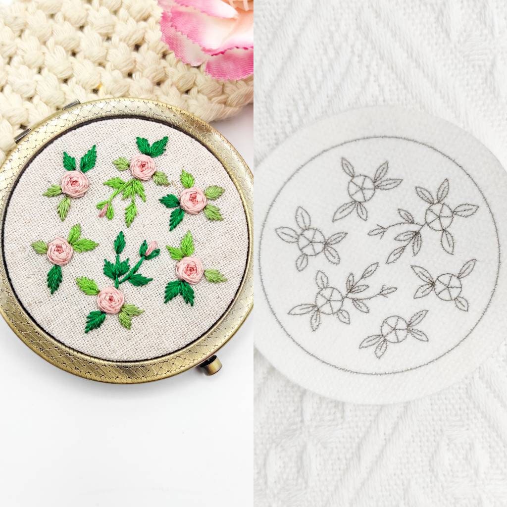 Stick & Stitch embroidery patterns, DIY embroidery patterns for large pillbox/pocket mirror, water soluble pre-printed embroidery pattern