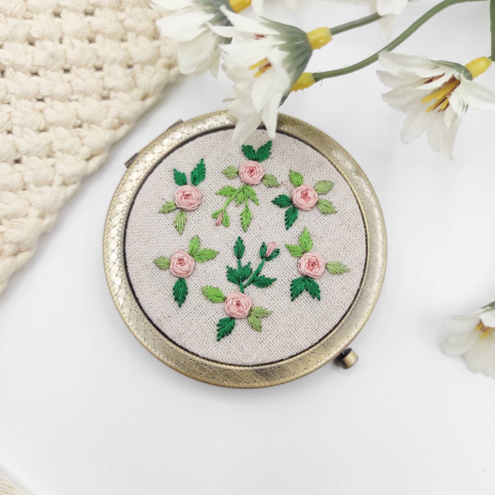 Stick & Stitch embroidery patterns, DIY embroidery patterns for large pillbox/pocket mirror, water soluble pre-printed embroidery pattern