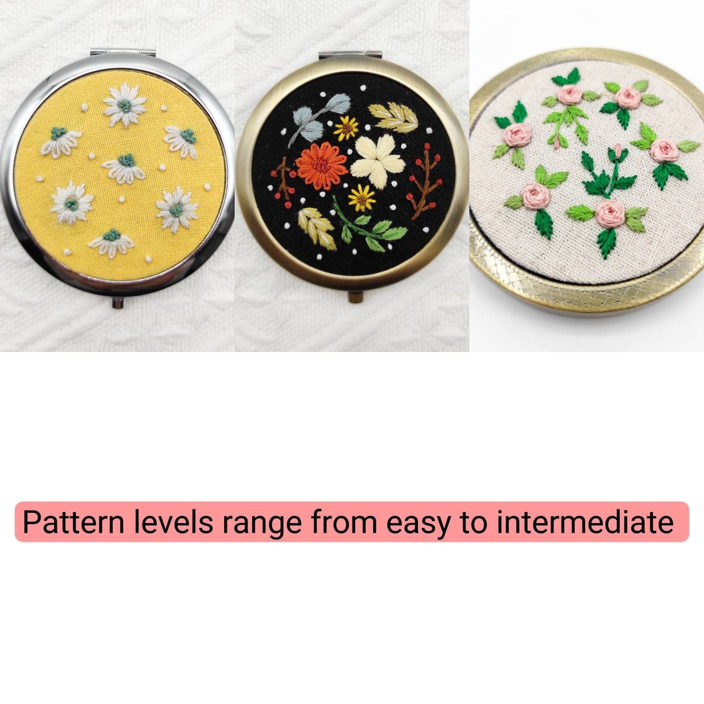 Stick & Stitch embroidery patterns, DIY embroidery patterns for large pillbox/pocket mirror, water soluble pre-printed embroidery pattern