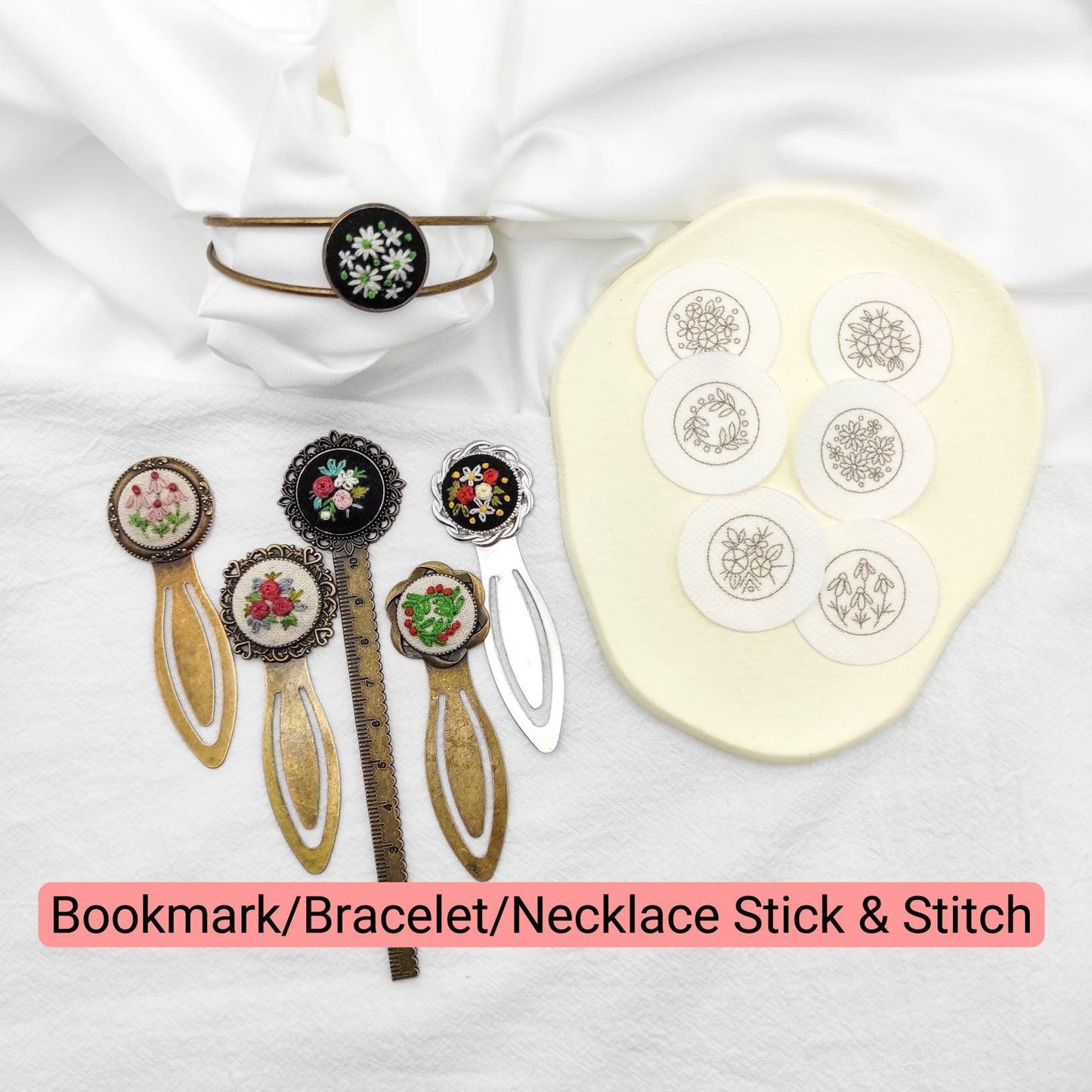 Stick & Stitch embroidery patterns, DIY embroidery floral patterns for pendant, water soluble pre-printed embroidery pattern