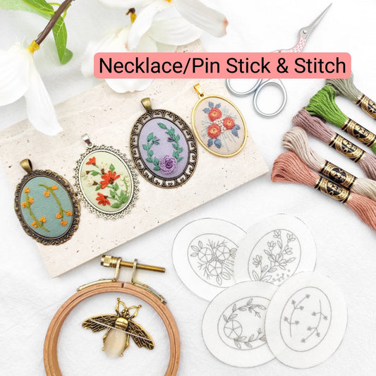 Stick & Stitch embroidery patterns, DIY embroidery floral patterns for oval necklace, water soluble pre-printed embroidery pattern