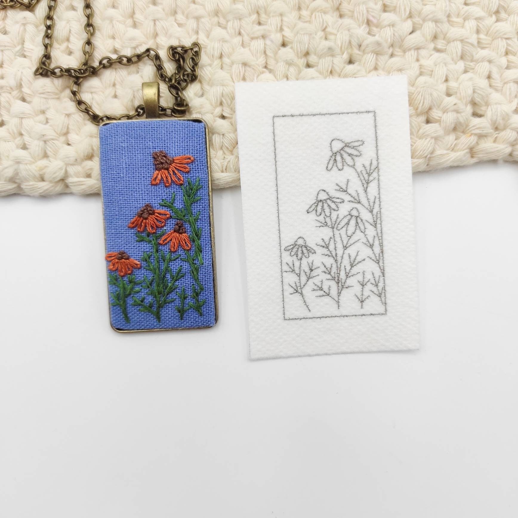 Stick & Stitch embroidery patterns, DIY embroidery floral patterns for rectangle necklace, water soluble pre-printed embroidery pattern