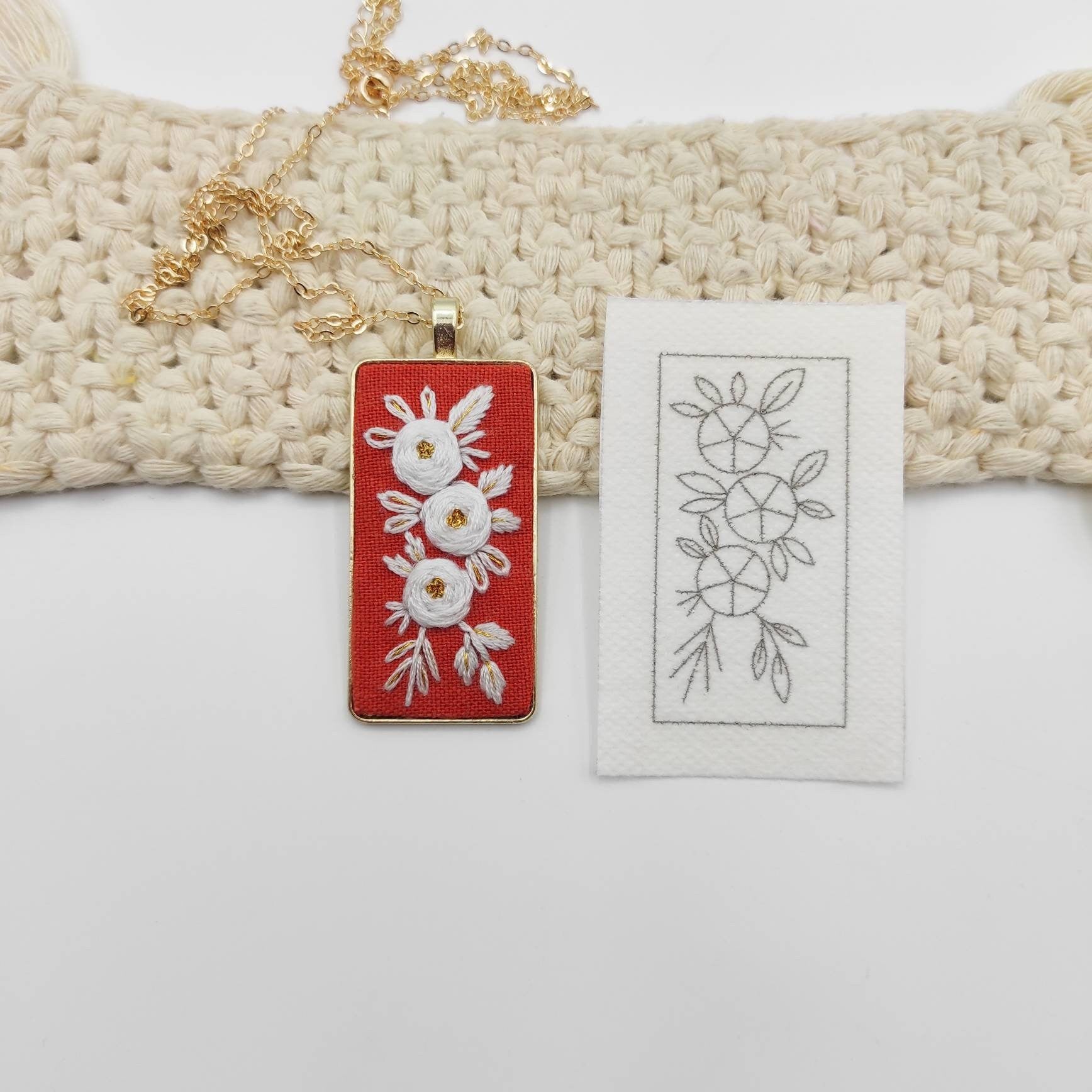 Stick & Stitch embroidery patterns, DIY embroidery floral patterns for rectangle necklace, water soluble pre-printed embroidery pattern