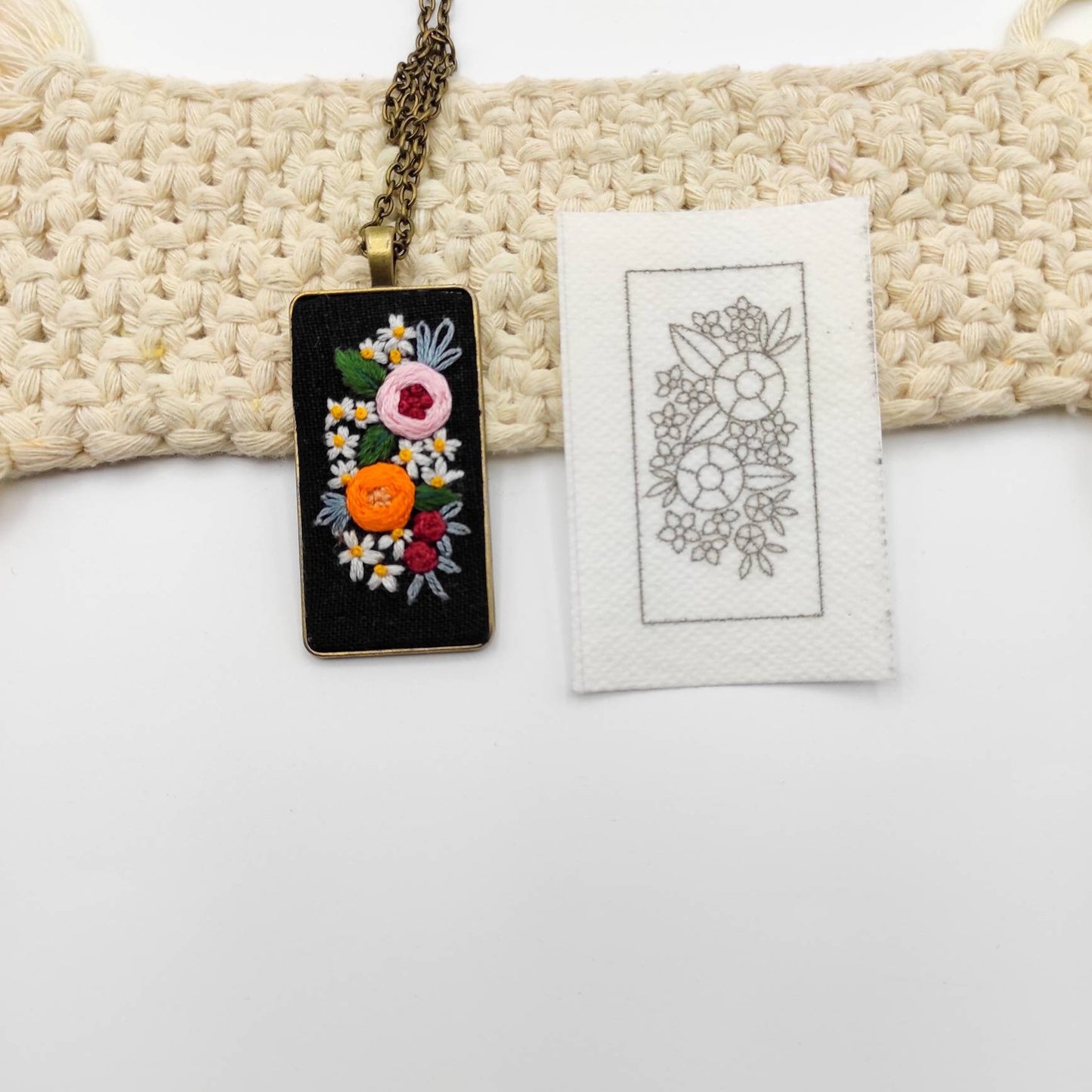 Stick & Stitch embroidery patterns, DIY embroidery floral patterns for rectangle necklace, water soluble pre-printed embroidery pattern