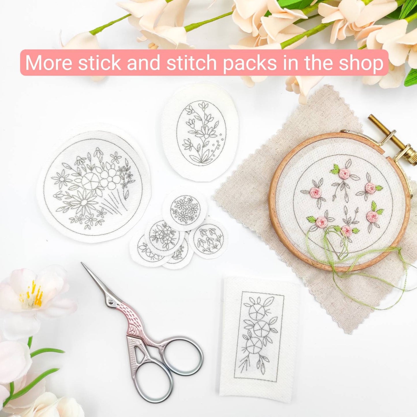 Stick & Stitch embroidery patterns, DIY embroidery patterns for large pillbox/pocket mirror, water soluble pre-printed embroidery pattern