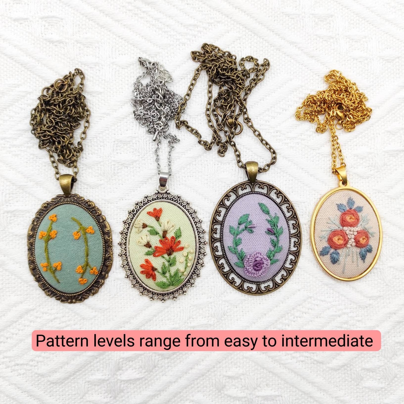 Stick & Stitch embroidery patterns, DIY embroidery floral patterns for oval necklace, water soluble pre-printed embroidery pattern