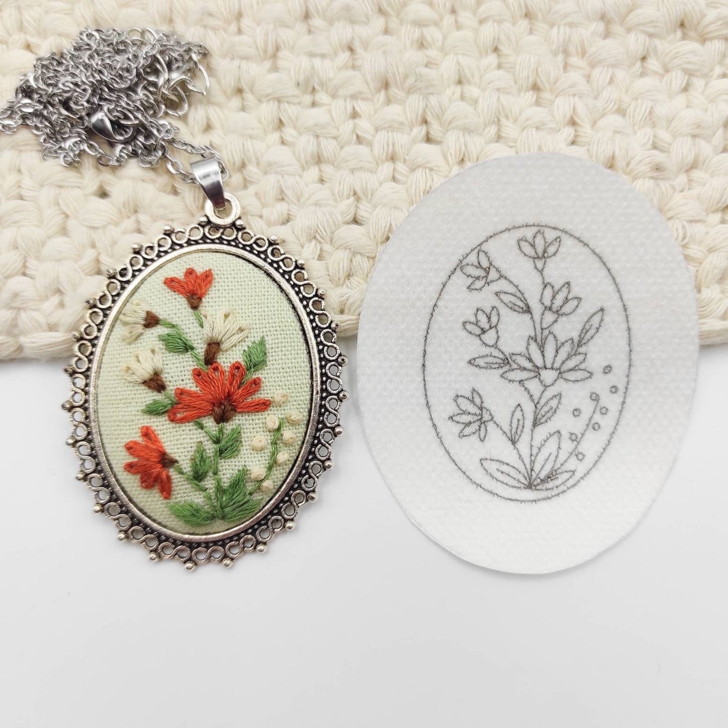 Stick & Stitch embroidery patterns, DIY embroidery floral patterns for oval necklace, water soluble pre-printed embroidery pattern