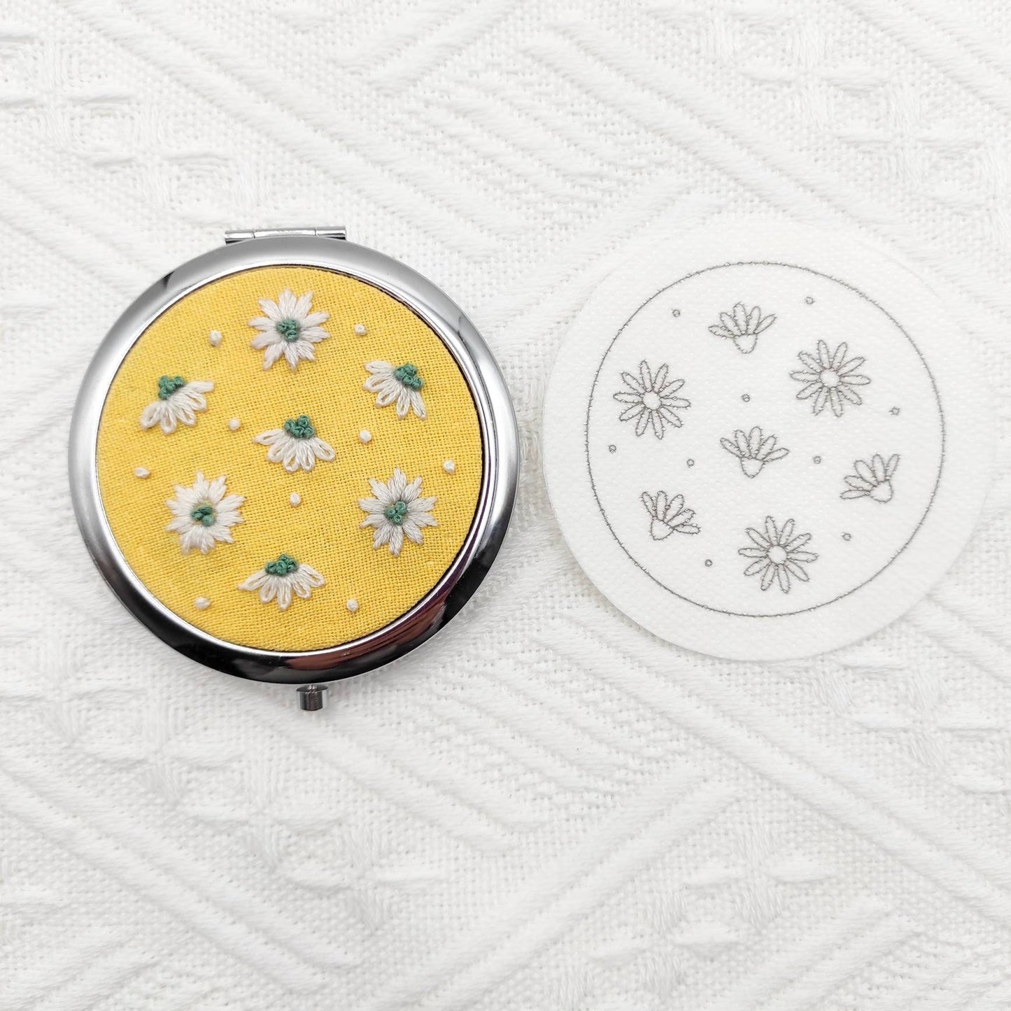 Stick & Stitch embroidery patterns, DIY embroidery patterns for large pillbox/pocket mirror, water soluble pre-printed embroidery pattern