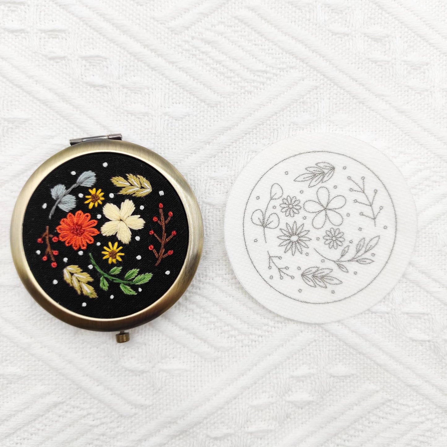 Stick & Stitch embroidery patterns, DIY embroidery patterns for large pillbox/pocket mirror, water soluble pre-printed embroidery pattern